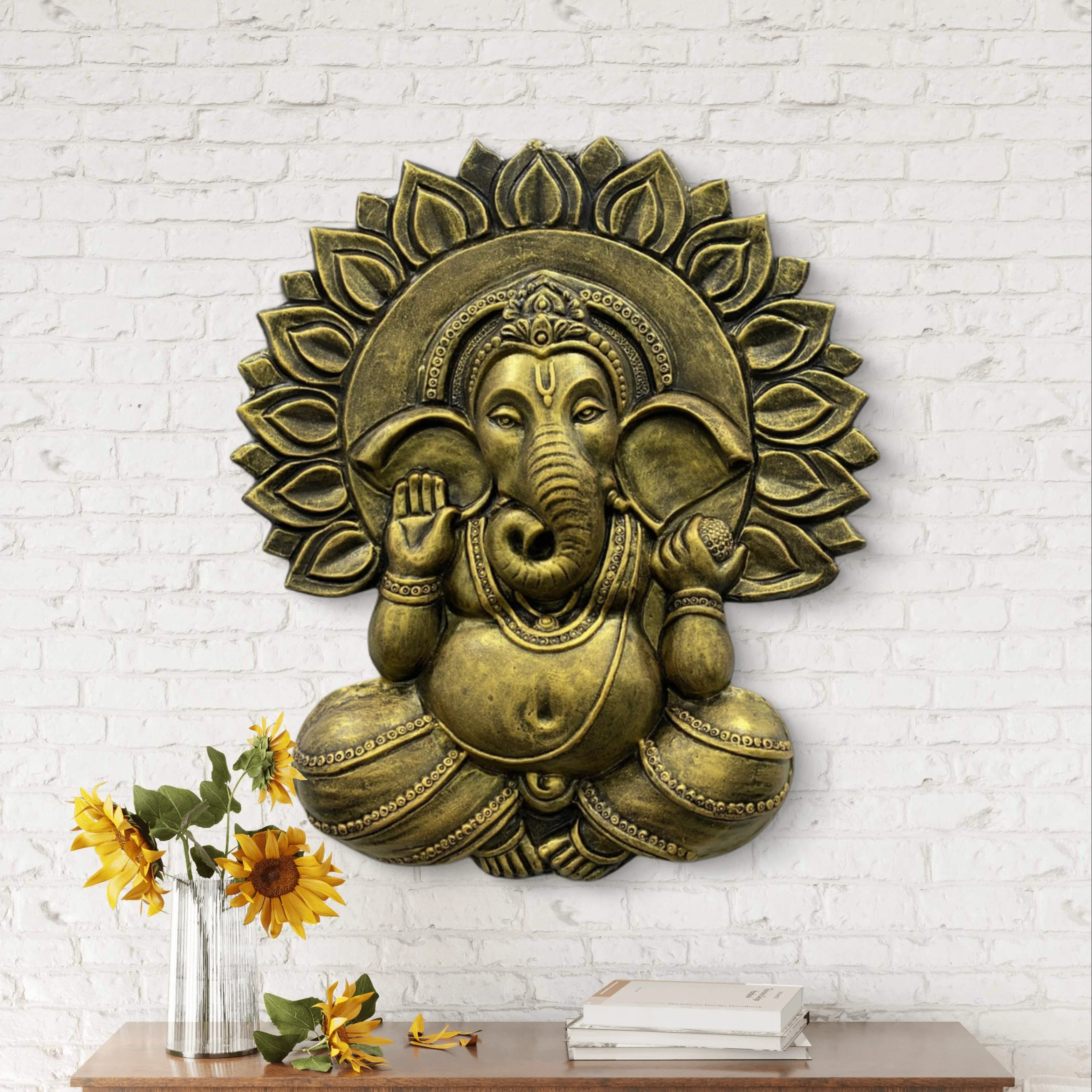 2.3x2 Feet | Surya Ganesha 3D Relief Wall Sculpture | Handcrafted Sun Design Mural Art | Gold, Bronze & White Finishes | Ready-to-Hang Home Décor - Image 4