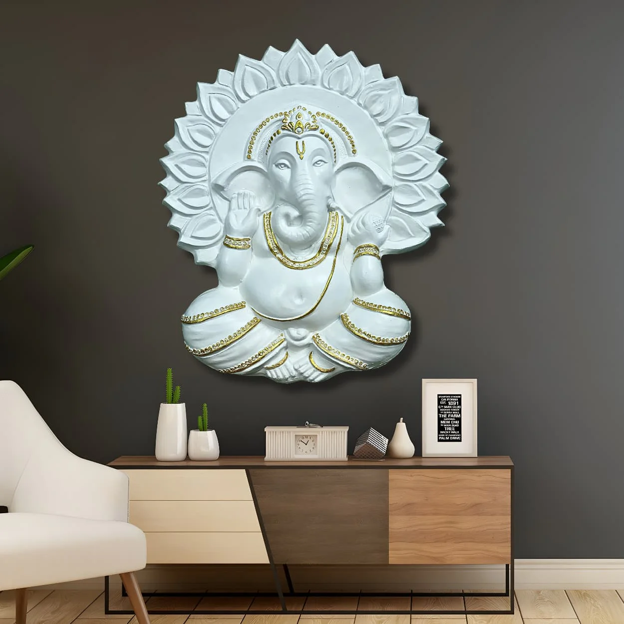 2.3x2 Feet | Surya Ganesha 3D Relief Wall Sculpture | Handcrafted Sun Design Mural Art | Gold, Bronze & White Finishes | Ready-to-Hang Home Décor - Image 7
