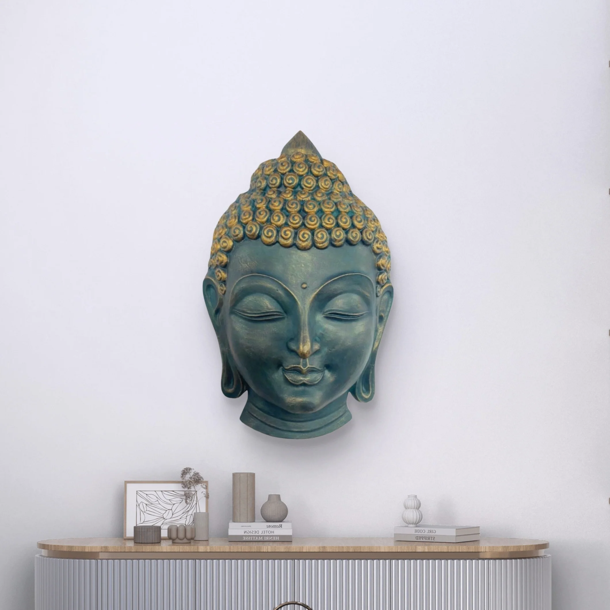 27.5x17 inch | Buddha Face 3D Wall Mural | Handcrafted Relief Sculpture | Ready to Hang