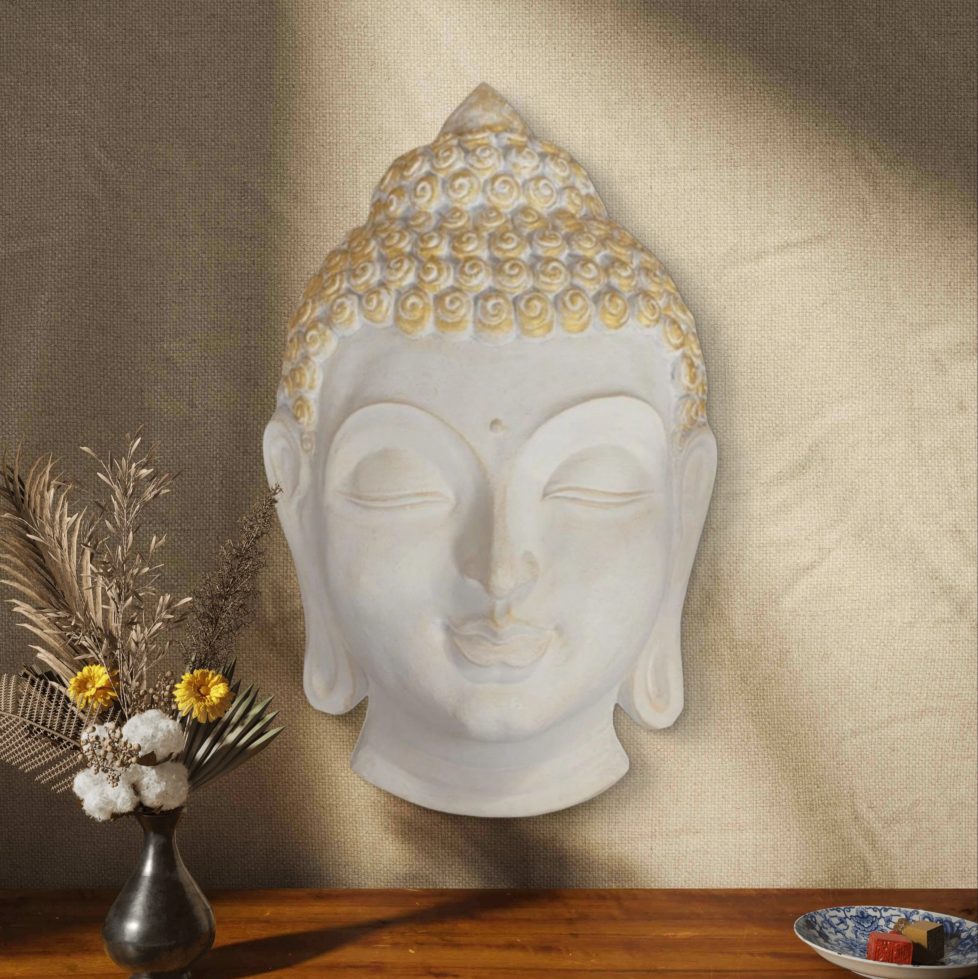 27.5x17 inch | Buddha Face 3D Wall Mural | Handcrafted Relief Sculpture | Ready to Hang - Image 3