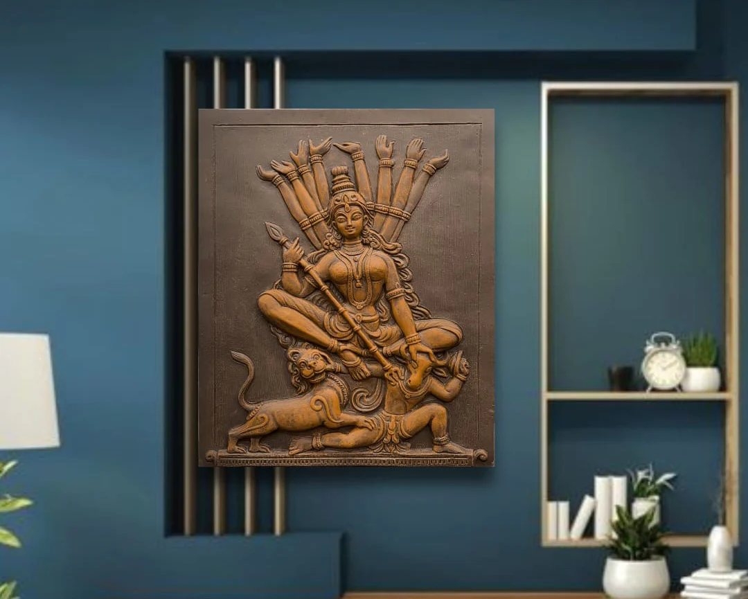 2x2.5 Feet | Goddess Durga 3D Relief Wall Mural | Terracotta Finish | Hindu Divine Wall Art | Ready to Hang - Image 3