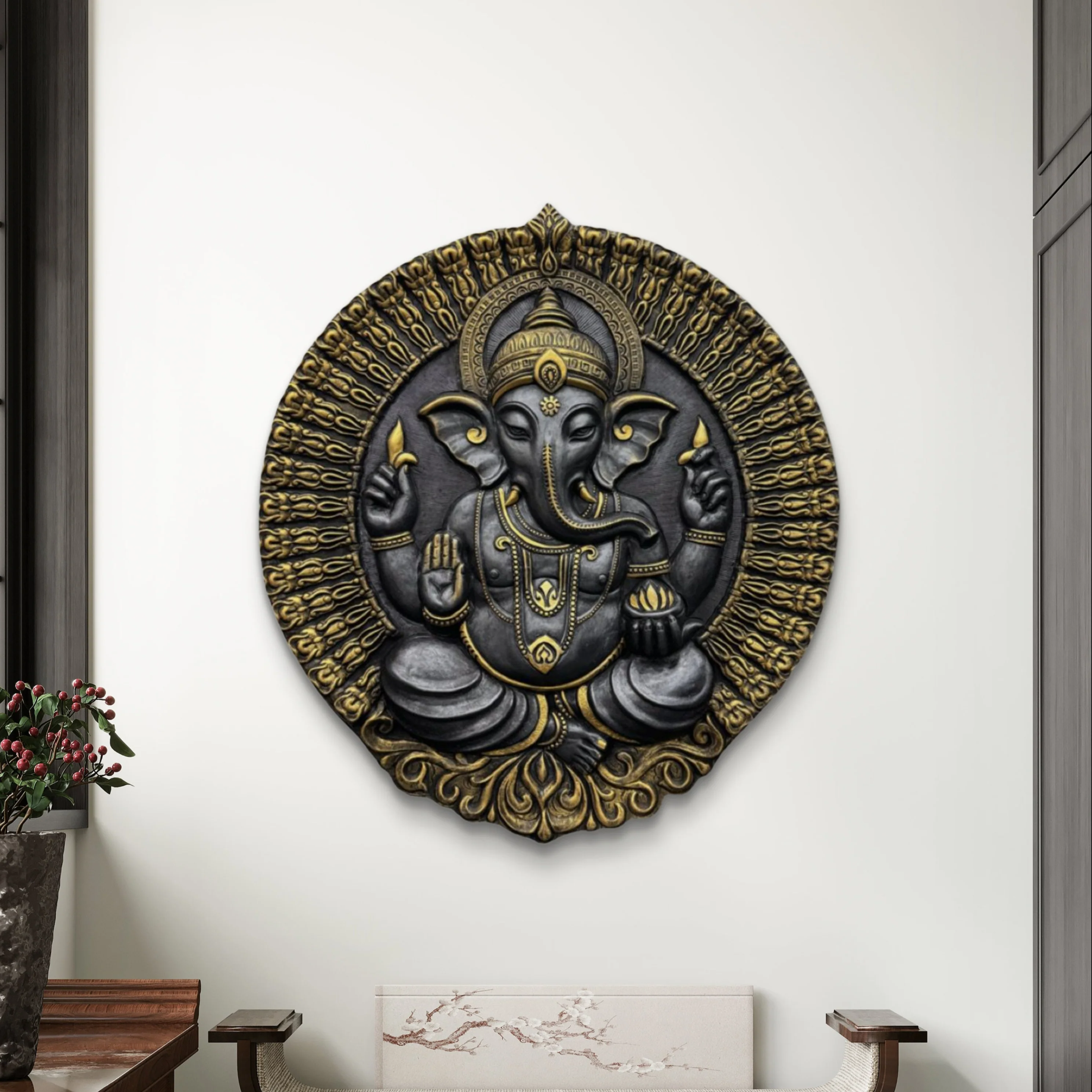 3.5x3 ft | Ganesha Circular 3D Relief Wall Mural | Handcrafted Wall Sculpture | Ready to Hang - Image 4