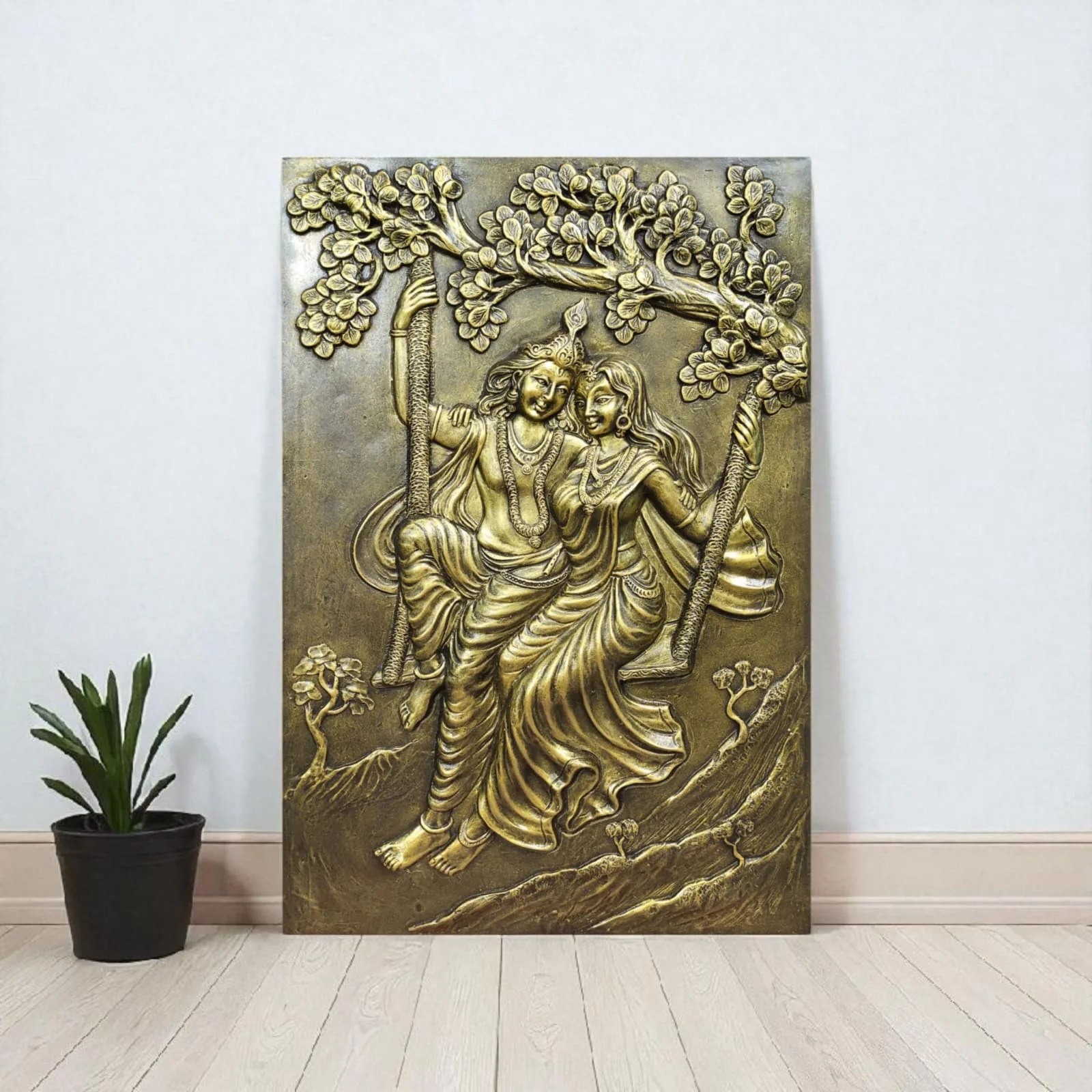 3x2 Feet | Radha Krishna Swing 3D Relief Mural | Spiritual & Romantic Wall Art - Image 2