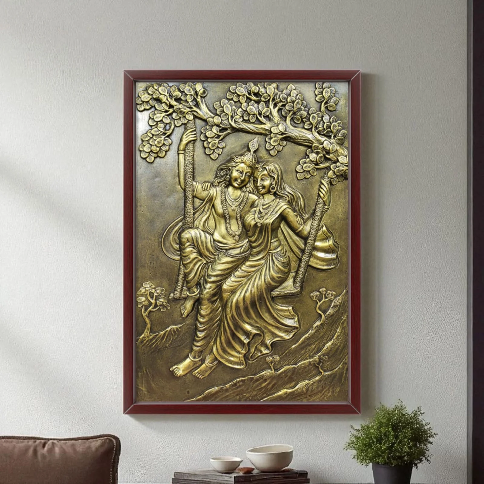 3x2 Feet | Radha Krishna Swing 3D Relief Mural | Spiritual & Romantic Wall Art - Image 3