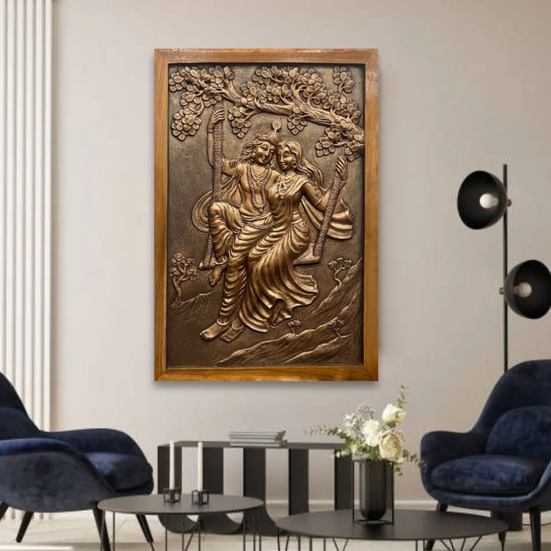 3x2 Feet | Radha Krishna Swing 3D Relief Mural | Spiritual & Romantic Wall Art - Image 4