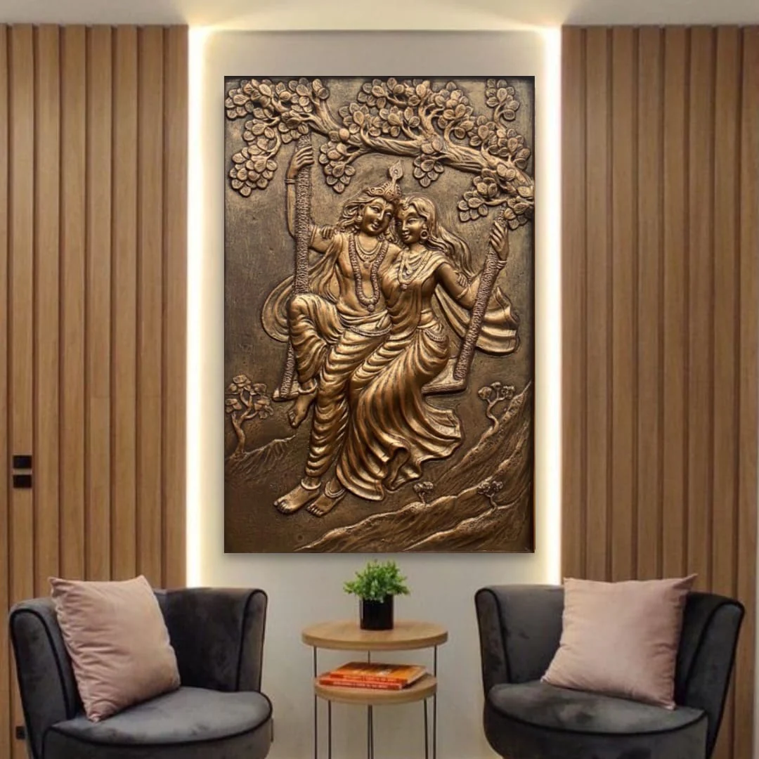 3x2 Feet | Radha Krishna Swing 3D Relief Mural | Spiritual & Romantic Wall Art - Image 6