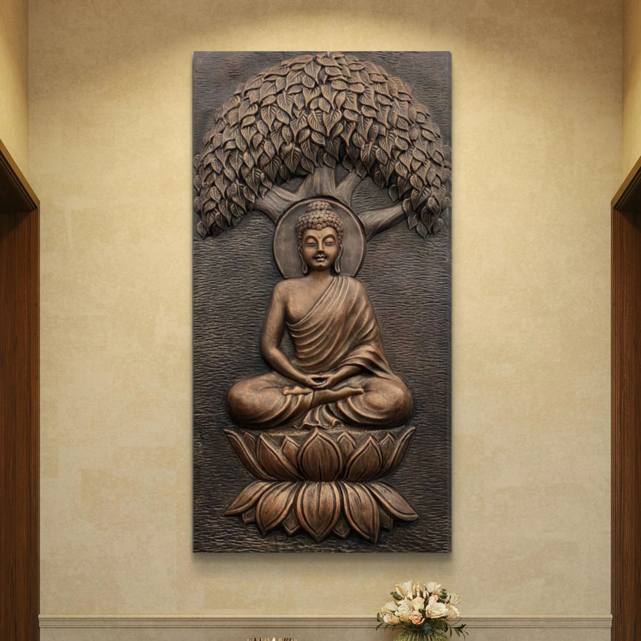 4x2 Feet | Buddha Under the Tree 3D Relief Wall Mural | Handcrafted Meditative Wall Sculpture | Gold, Bronze & White Finishes | Ready-to-Hang Décor - Image 3