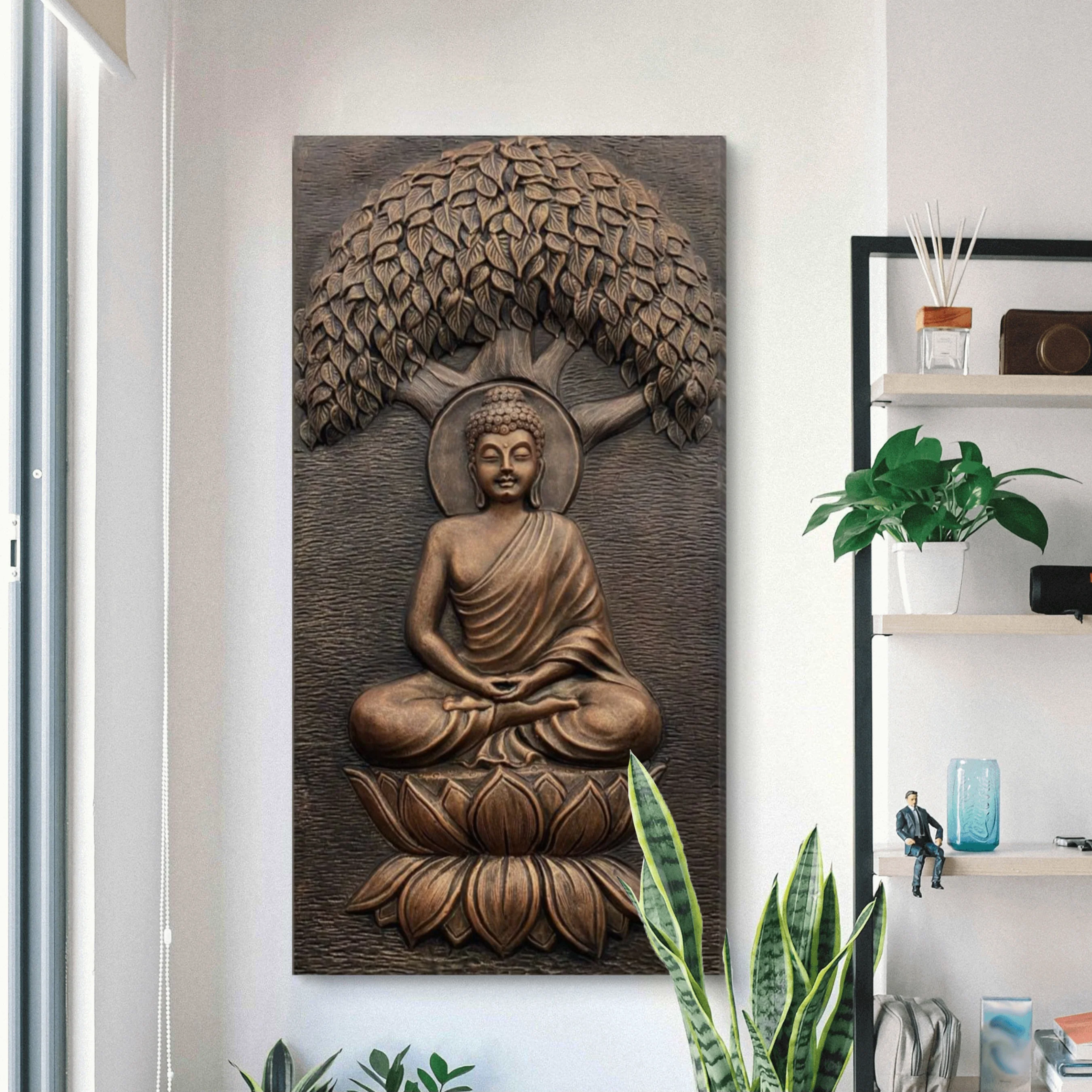 4x2 Feet | Buddha Under the Tree 3D Relief Wall Mural | Handcrafted Meditative Wall Sculpture | Gold, Bronze & White Finishes | Ready-to-Hang Décor - Image 4