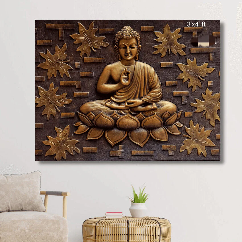 4x3 feet | Buddha 3D Wall Mural with Leaf and Brick Texture | Handcrafted Relief Sculpture
