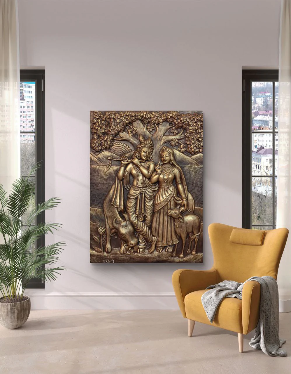 4x3 Feet Radha Krishna 3D Elevation Sculpture | Relief Mural Wall Art - Image 3
