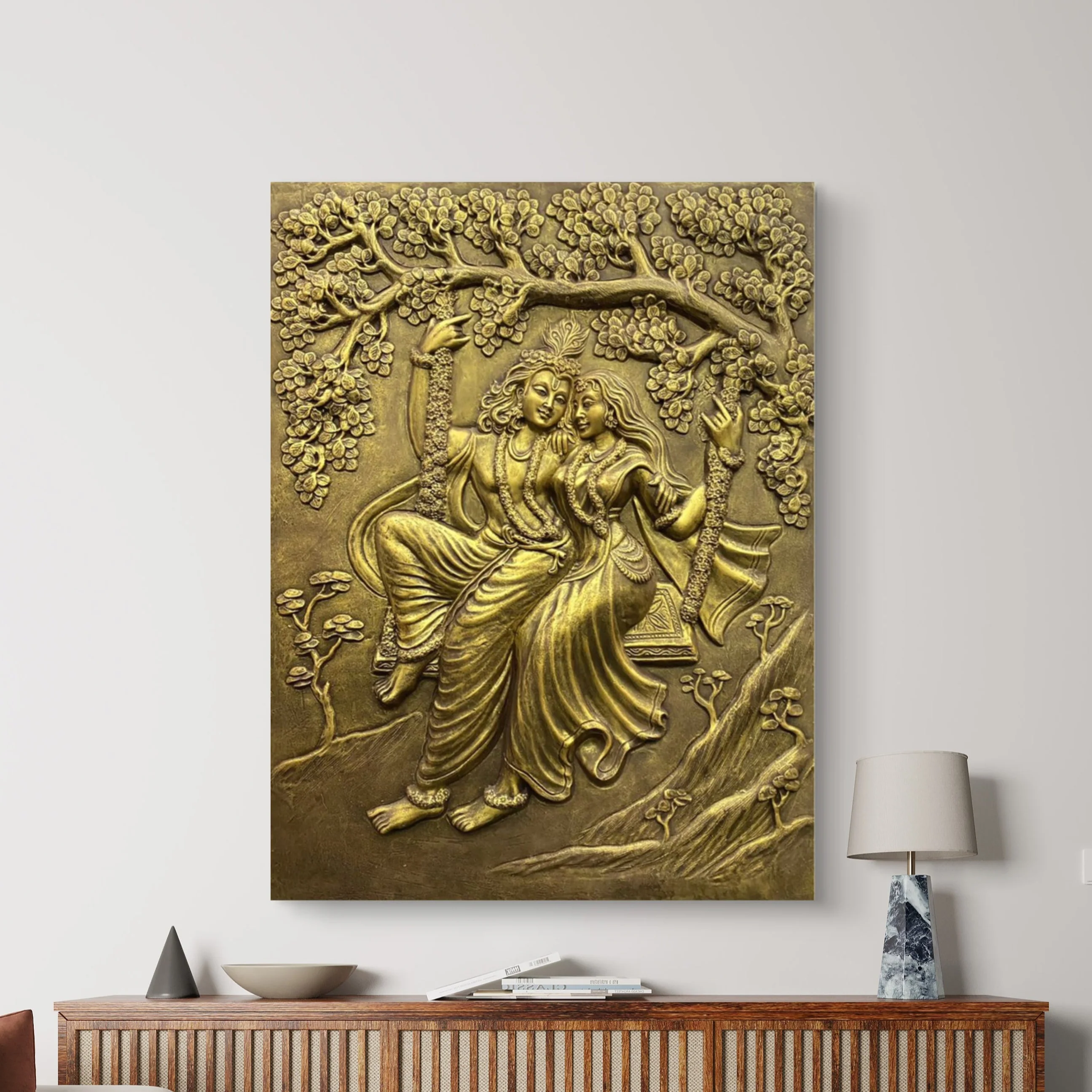 4x3 Feet | Radha Krishna Swing 3D Relief Mural | Spiritual & Romantic Wall Art - Image 3