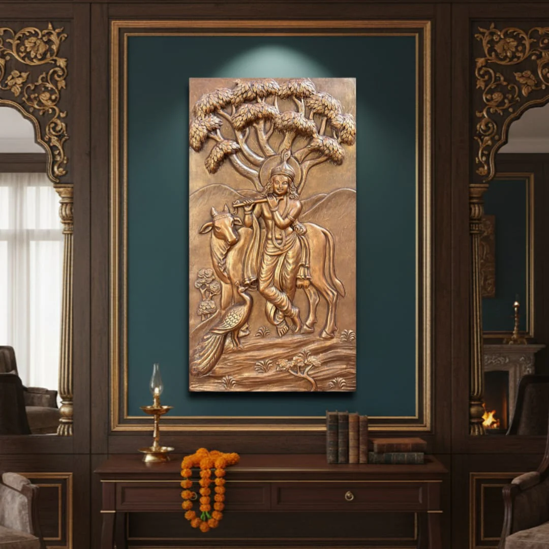 52x28 Inches Krishna With Cow 3D Relief Mural - Image 3