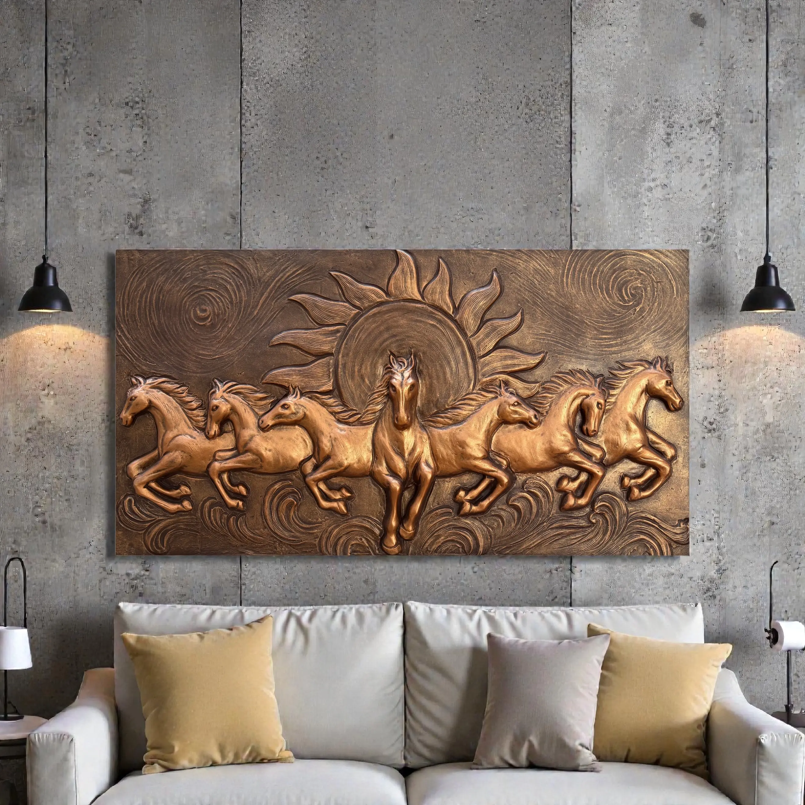 4x2 Feet 7 Horse With Sun Rises | 3D Relief Mural Wall Art - Image 4