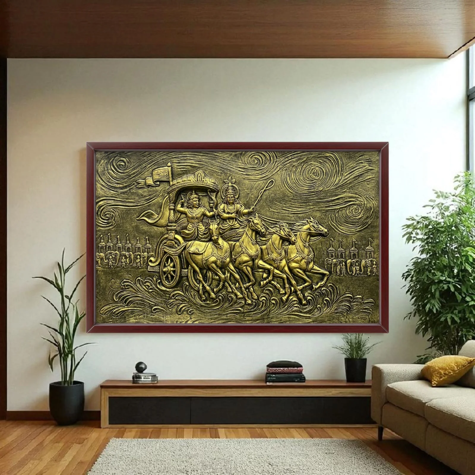 5x3 Feet Lord Krishna & Arjuna Rath – Mahabharat 3D Relief Mural - Image 3