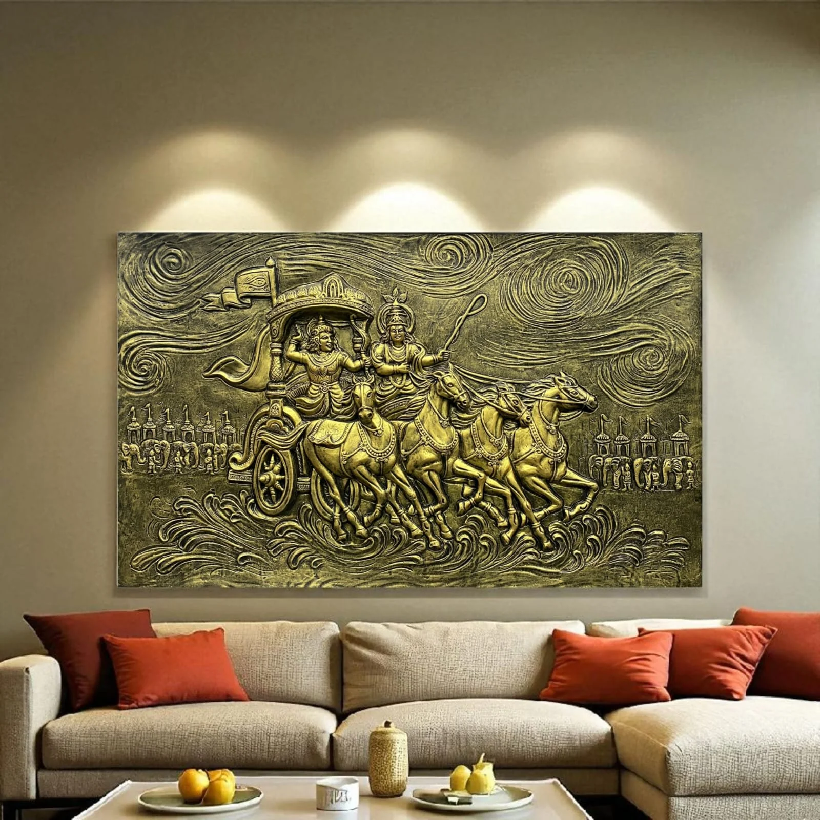 5x3 Feet Lord Krishna & Arjuna Rath – Mahabharat 3D Relief Mural - Image 4