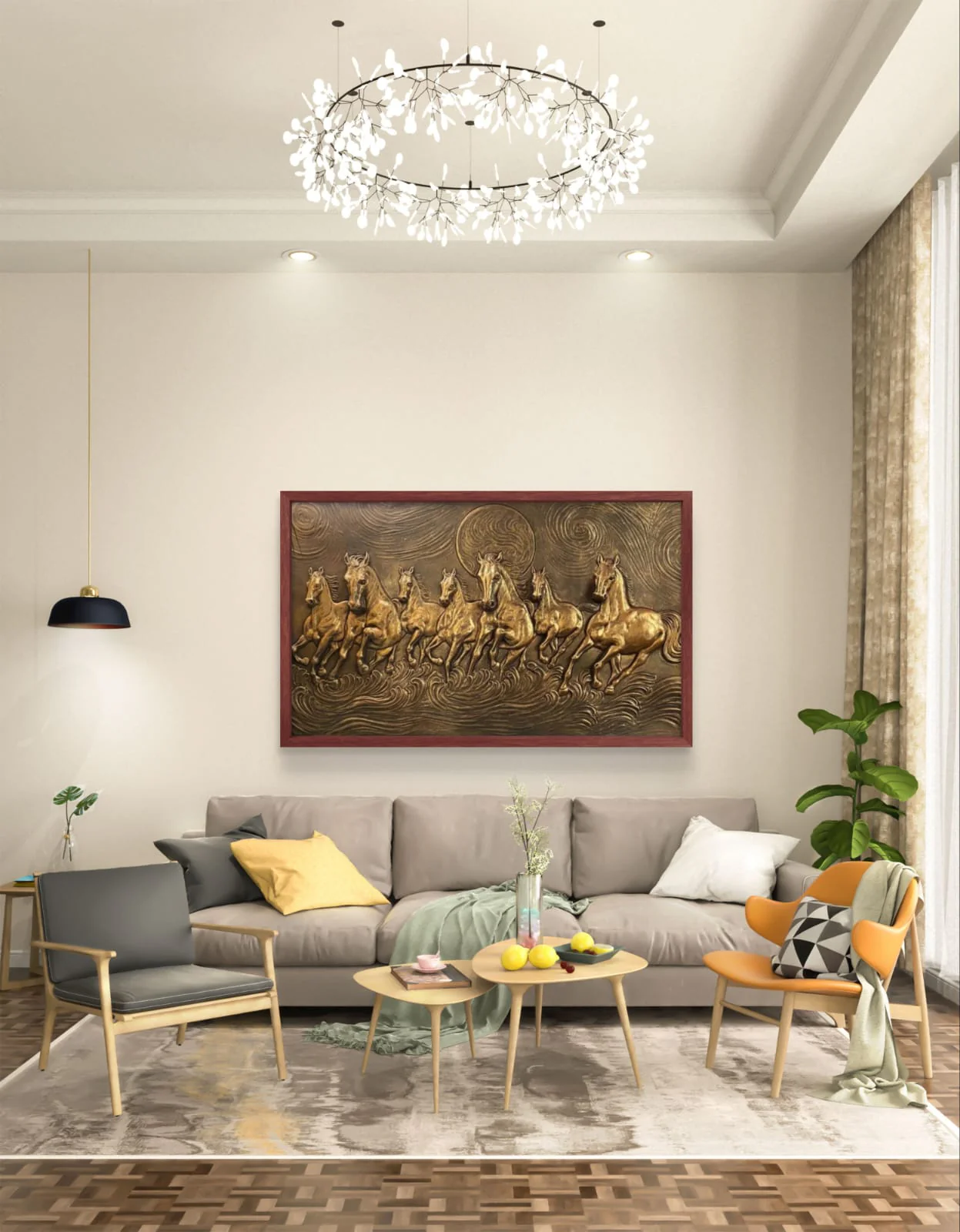 5x3 Feet Right-Moving 7 Horses 3D Relief Mural - Image 6