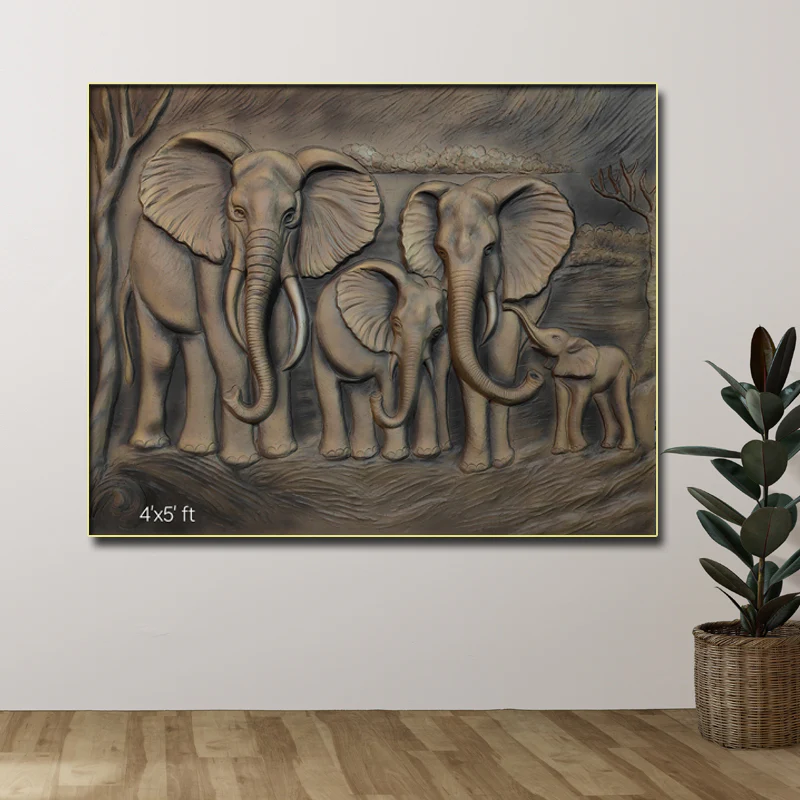 5x4 Feet Majestic Elephant Family – 3D Relief Wall Mural | Vastu Inspired