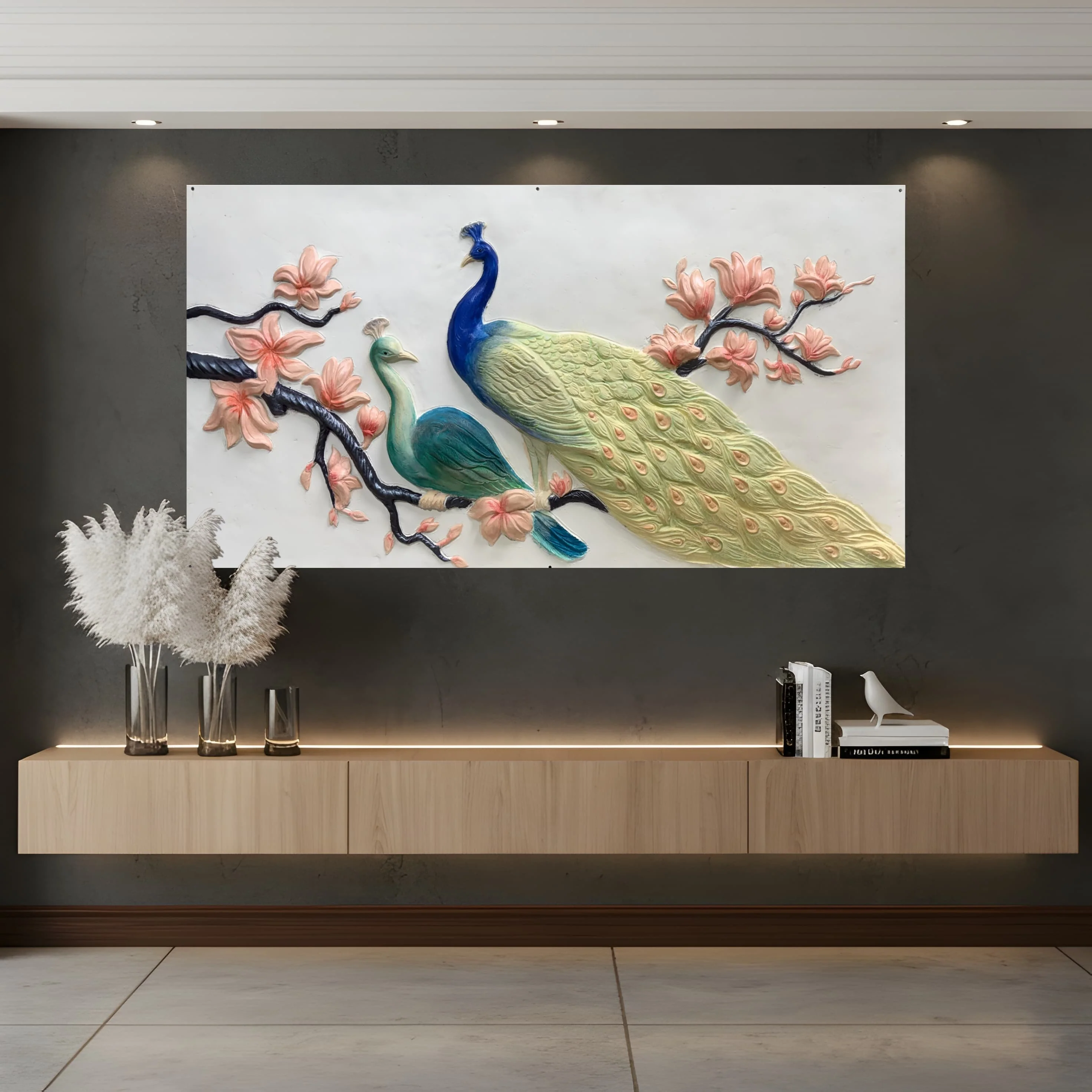 6x3 Feet Peacock with Floral Tree Design - 3D Relief Mural  | Handcrafted Wall Elevation Art