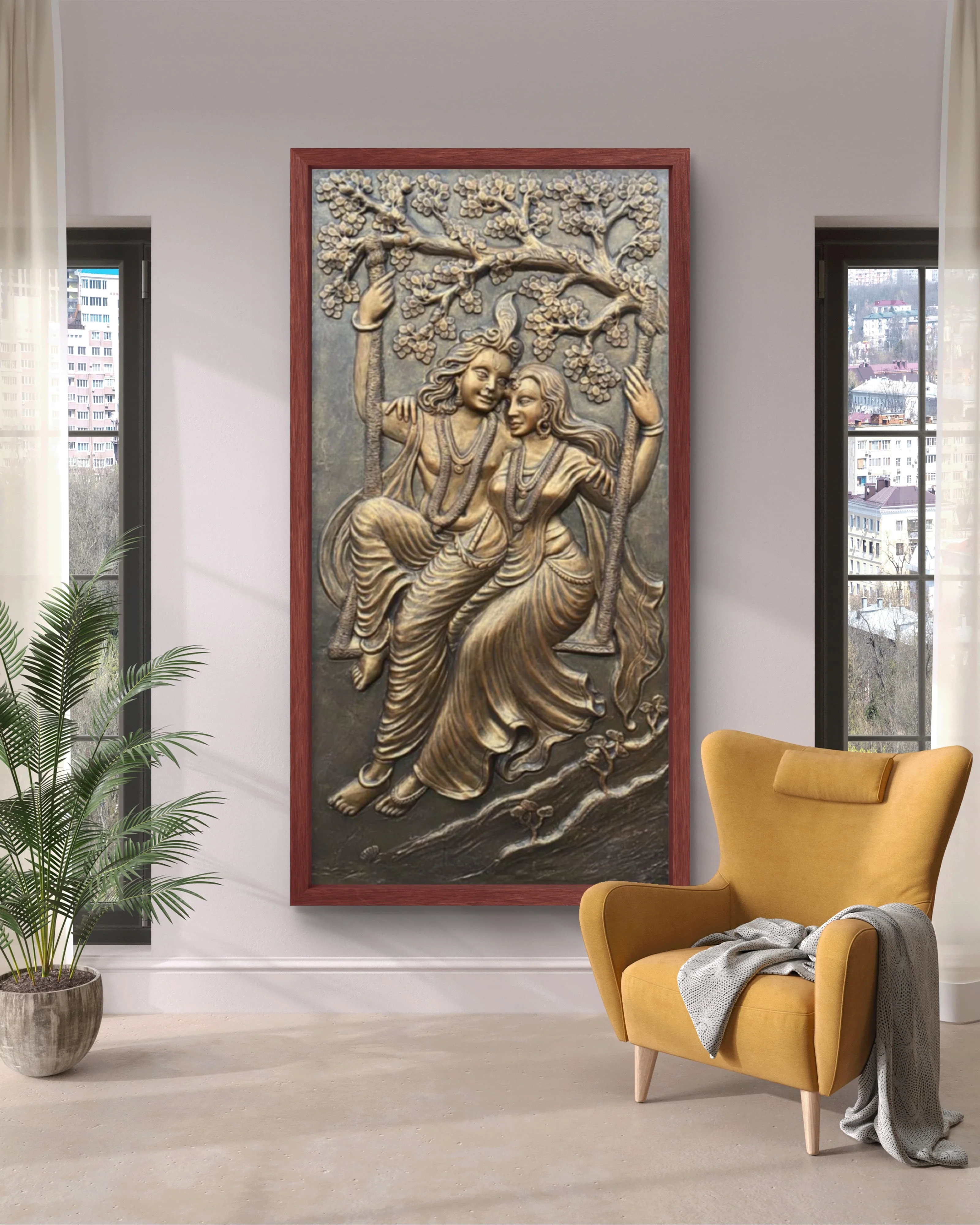 6x3 Feet | Radha Krishna Swing 3D Relief Mural | Divine Wall Art | Ready to Hang - Image 3