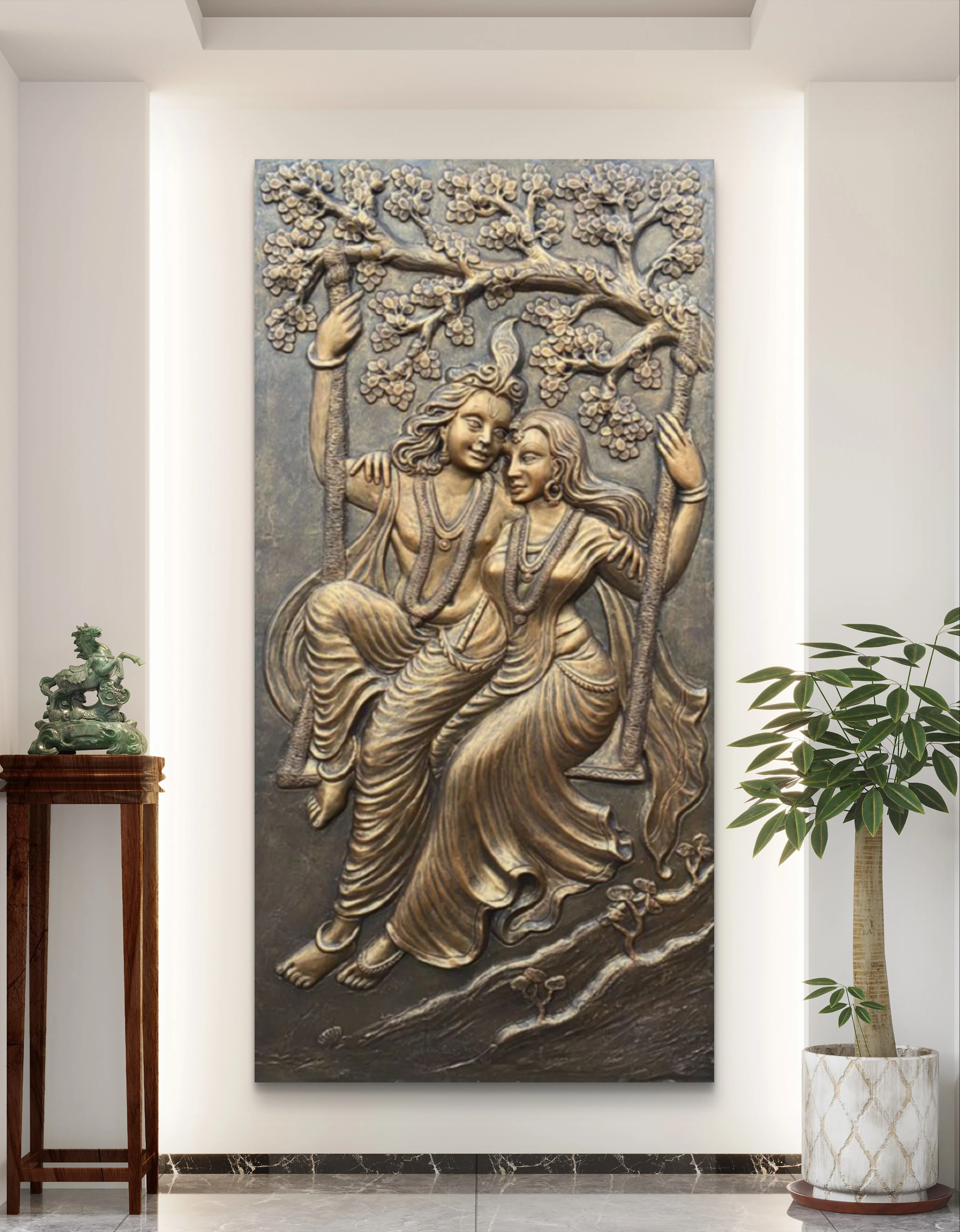 6x3 Feet | Radha Krishna Swing 3D Relief Mural | Divine Wall Art | Ready to Hang - Image 4