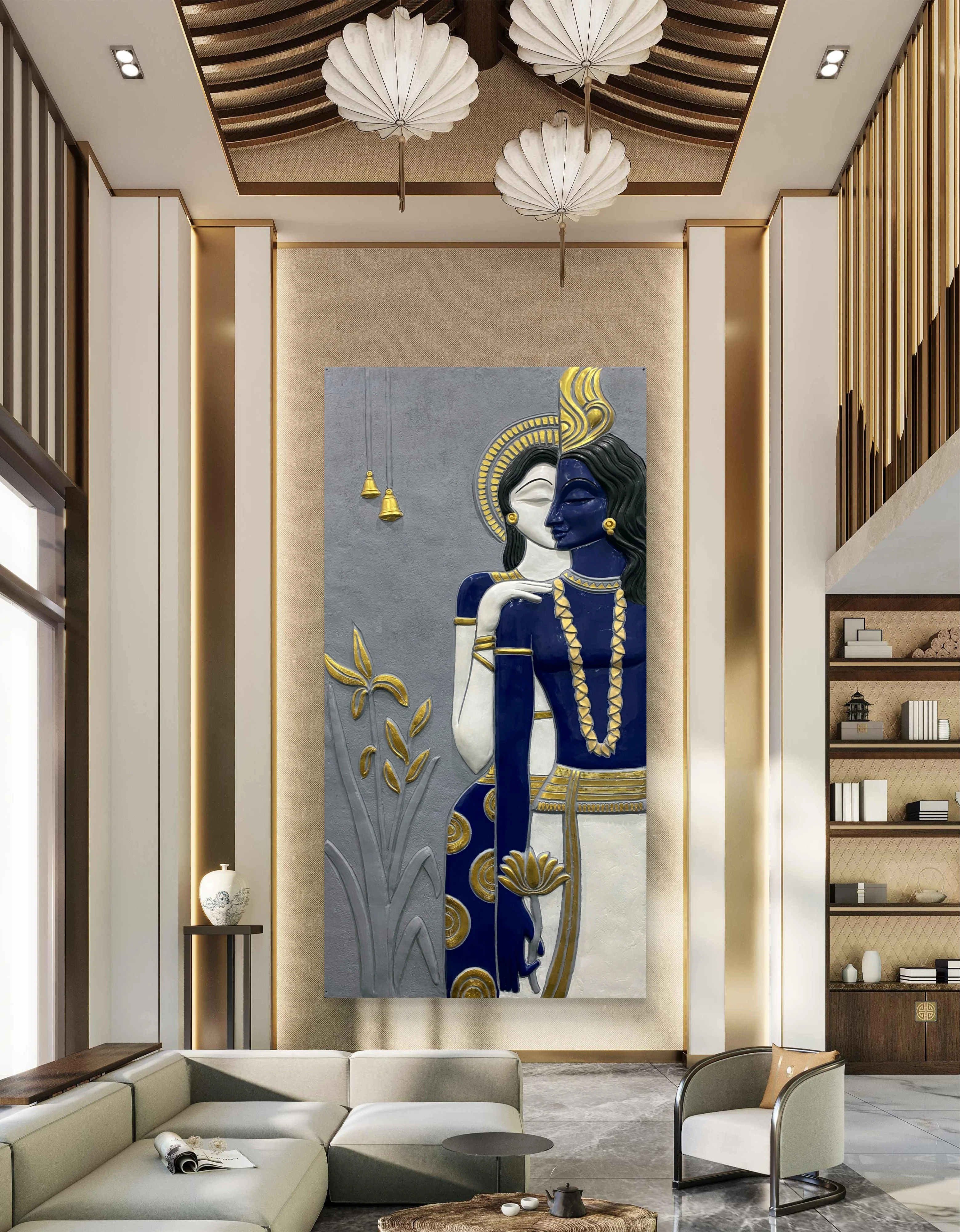 7x3.5 Feet | Abstract Radha Krishna 3D Elevation Sculpture Mural Wall Art | Divine Love & Spiritual Déco | Ready-to-Hang | Handmade Relief Artwork - Image 3