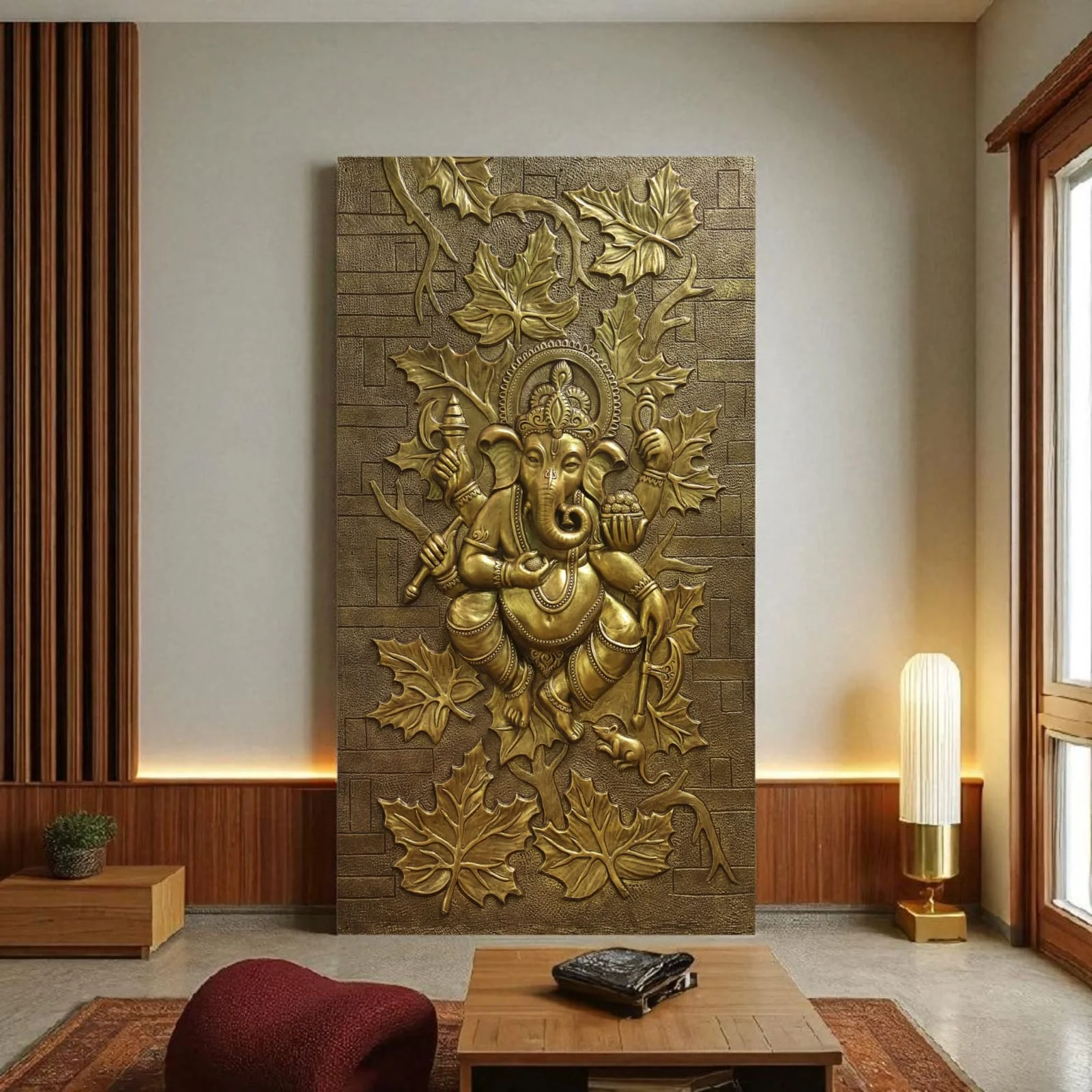 7x4 Feet Dancing Ganesha with Leaves | Large 3D Mural Wall Art