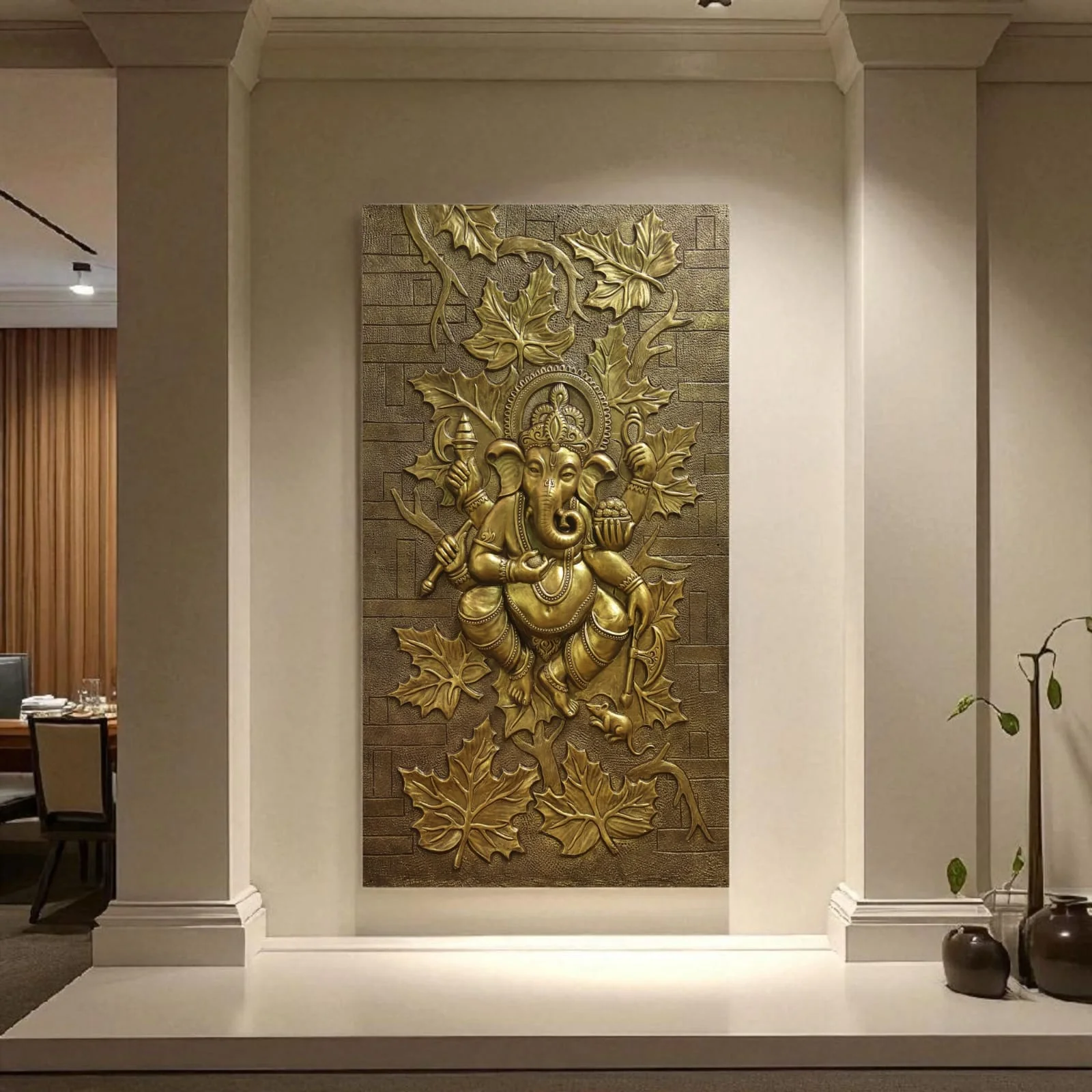 7x4 Feet Dancing Ganesha with Leaves | Large 3D Mural Wall Art - Image 2