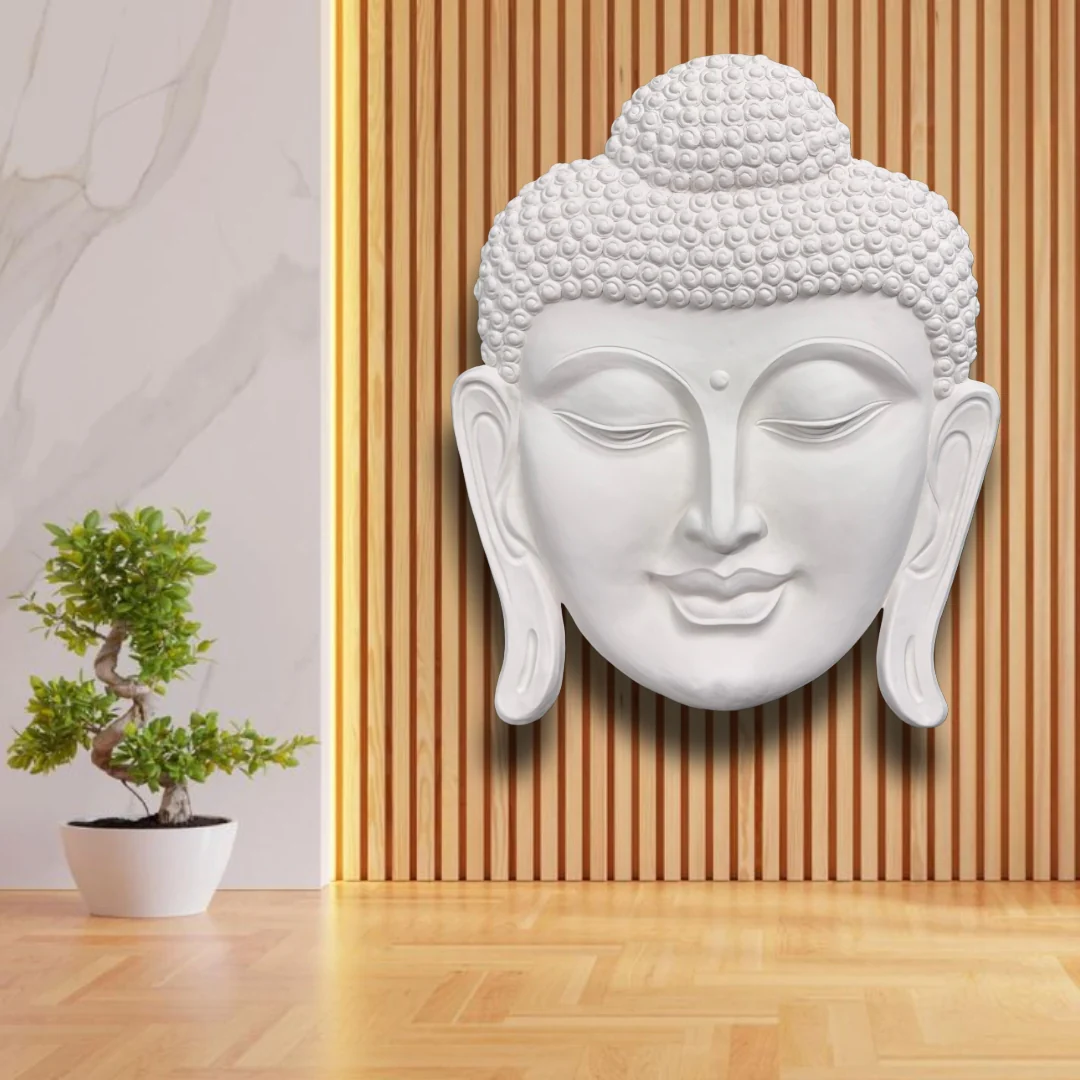 Buddha Face 3D Mural Wall Art – High Relief & Elevation | 4x3 Feet | Available in Black, Golden, White & Cream