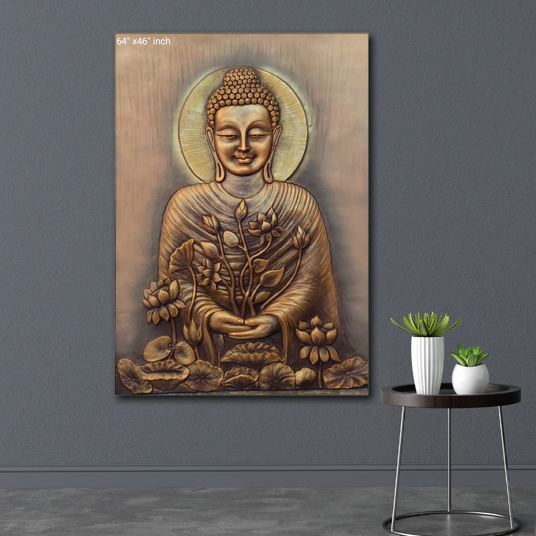 Buddha with Flowers 3D Wall Mural | Handcrafted Relief Sculpture (64 x 46 Inches)