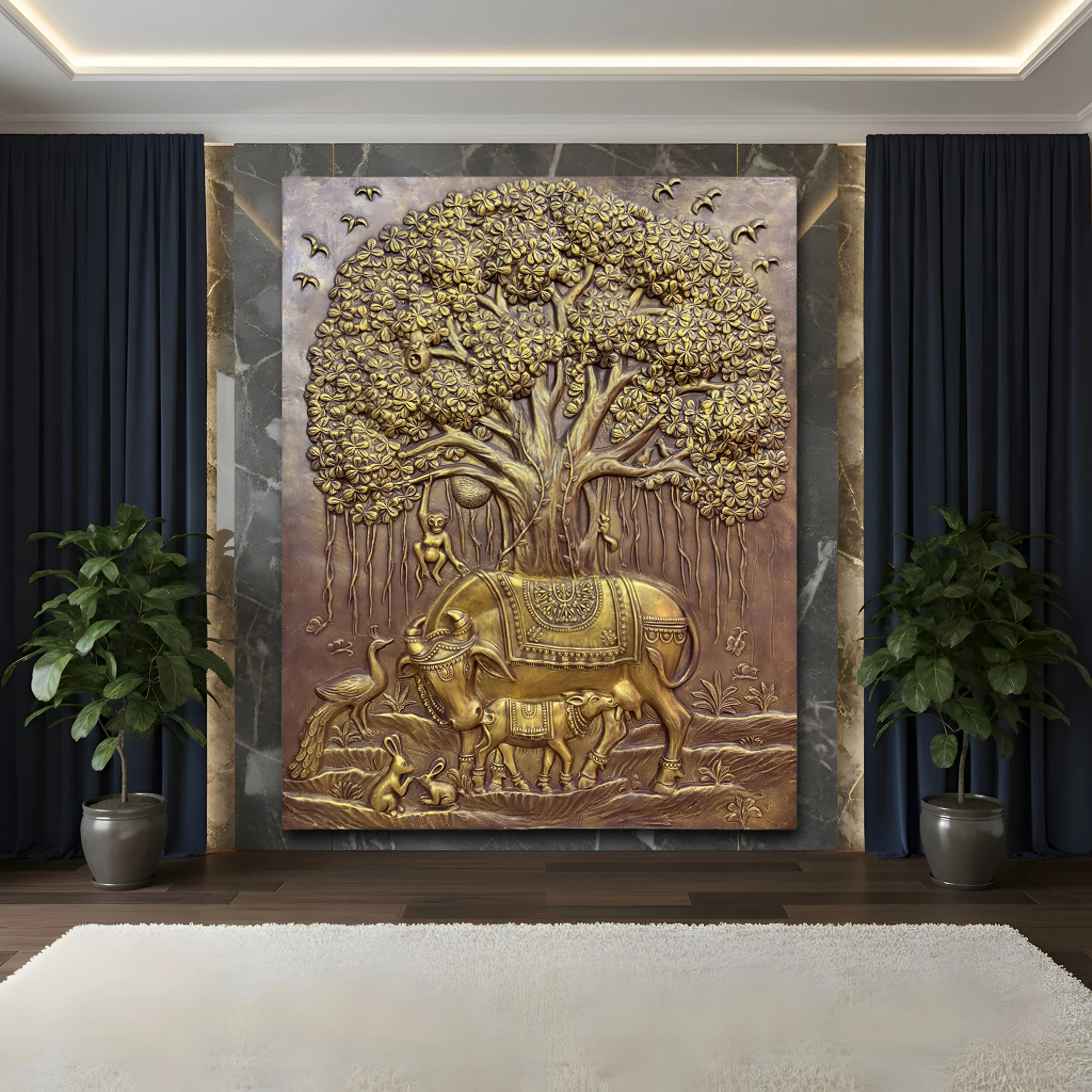 Kamdhenu with Calf & Banyan Tree 3D Wall Art Sculpture (5 × 4 Feet)