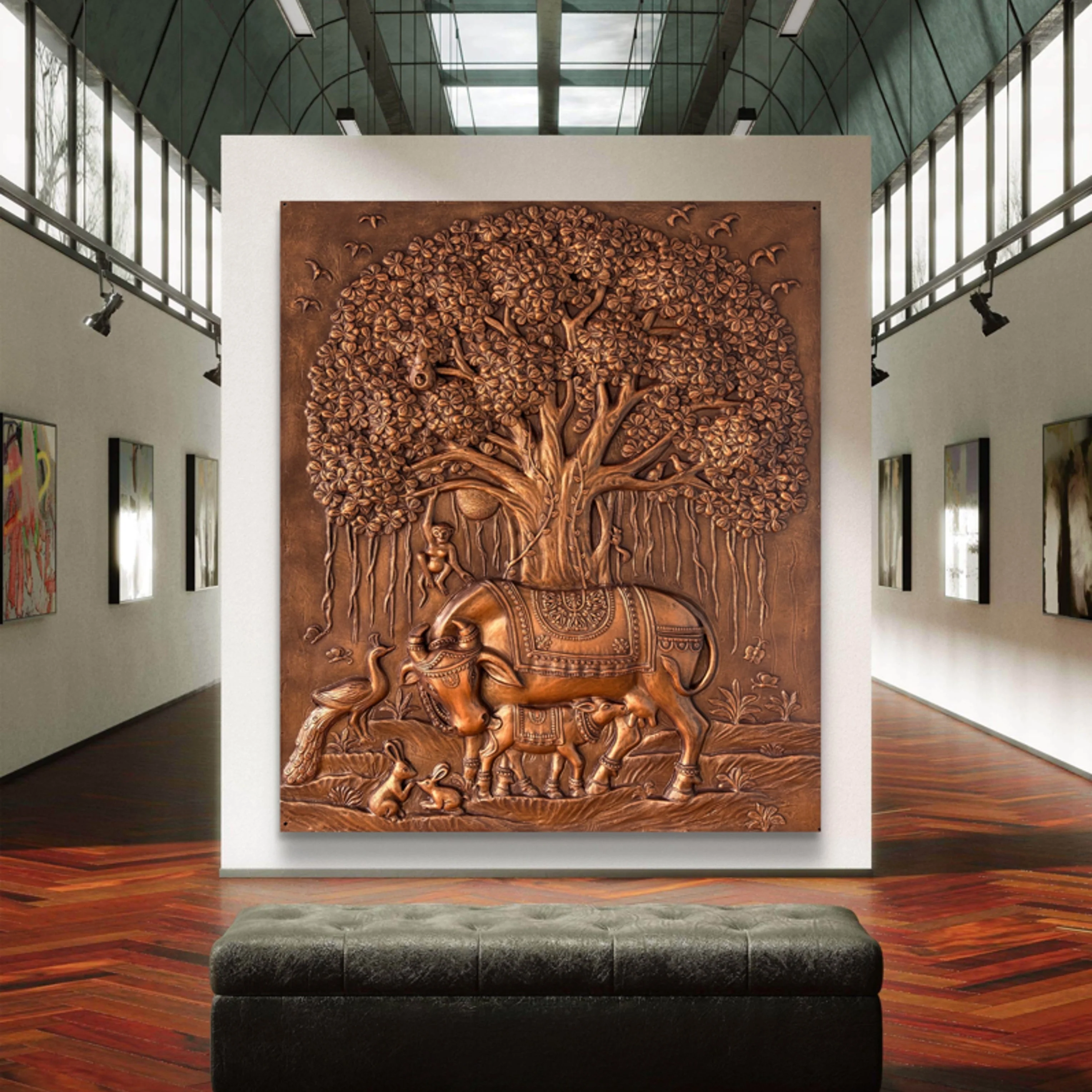 Kamdhenu with Calf & Banyan Tree 3D Wall Art Sculpture (5 × 4 Feet) - Image 2