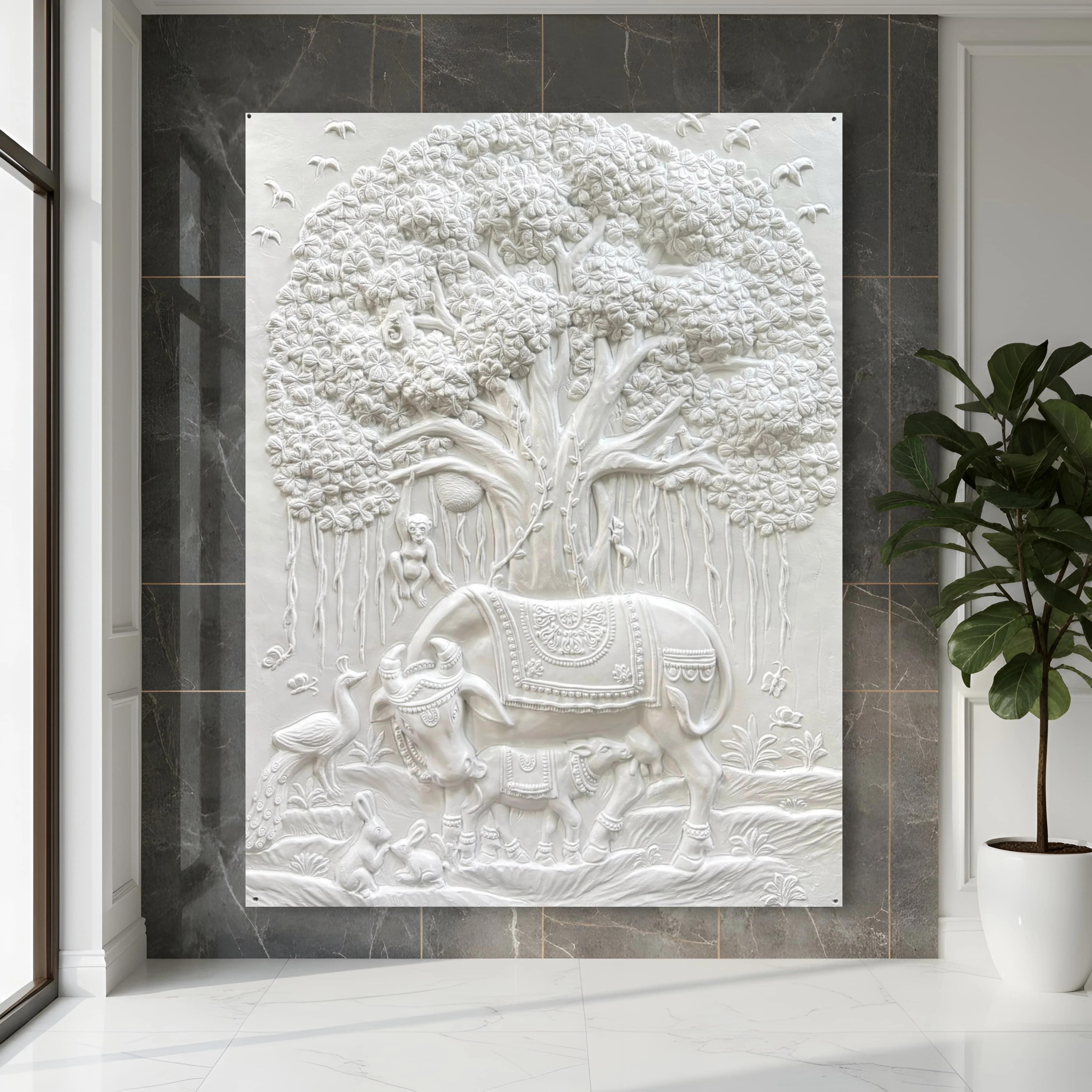 Kamdhenu with Calf & Banyan Tree 3D Wall Art Sculpture (5 × 4 Feet) - Image 3