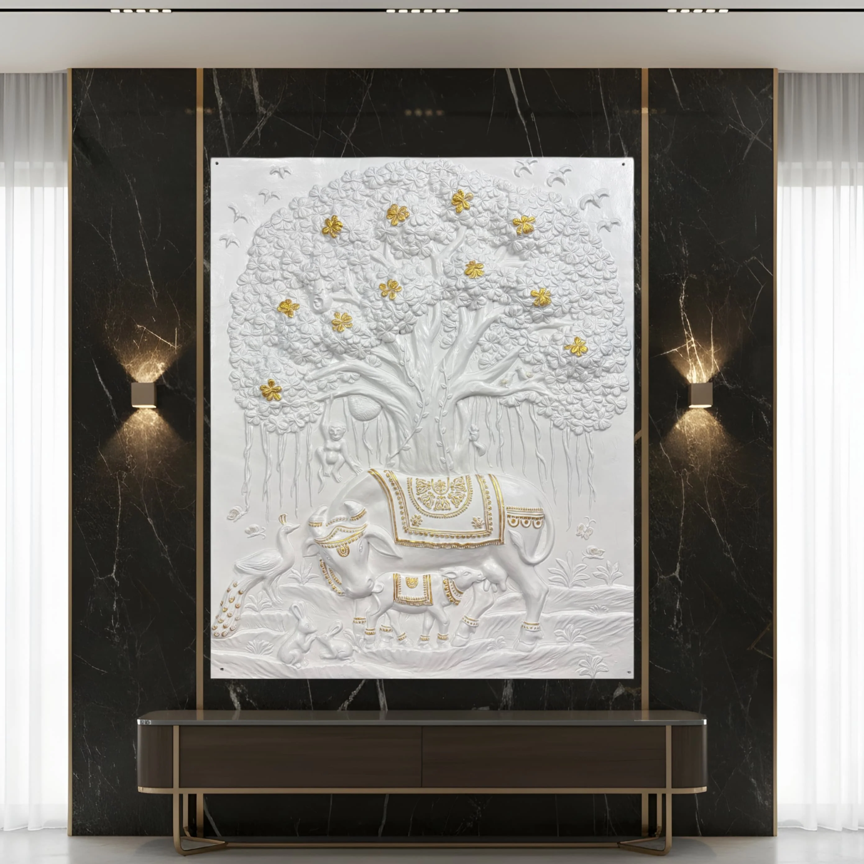 Kamdhenu with Calf & Banyan Tree 3D Wall Art Sculpture (5 × 4 Feet) - Image 4