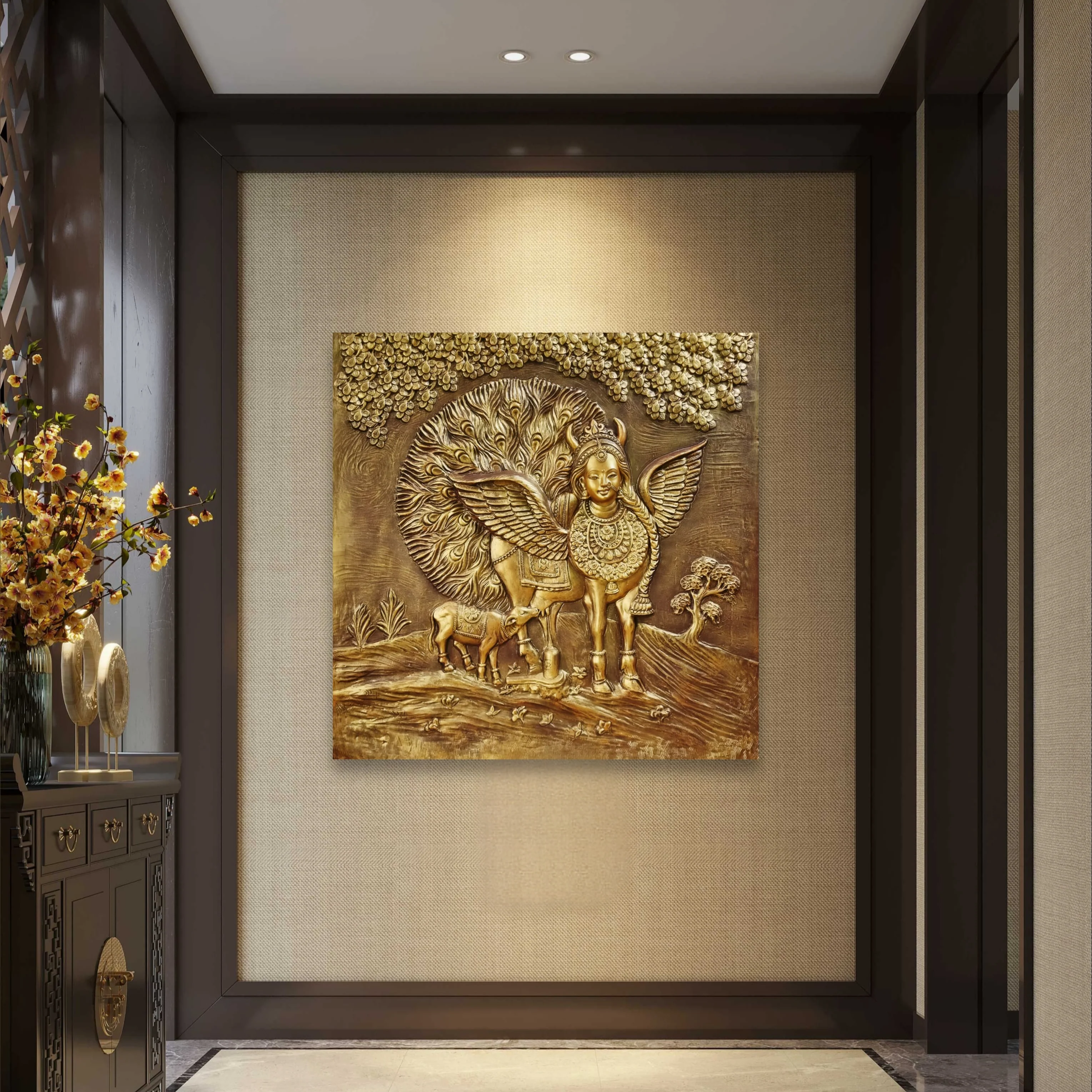 Kamdhenu Cow 3D Relief Wall Mural | 4x4 Feet | Ready-to-Hang Vastu Cow Wall Art for Home & Office - Image 2