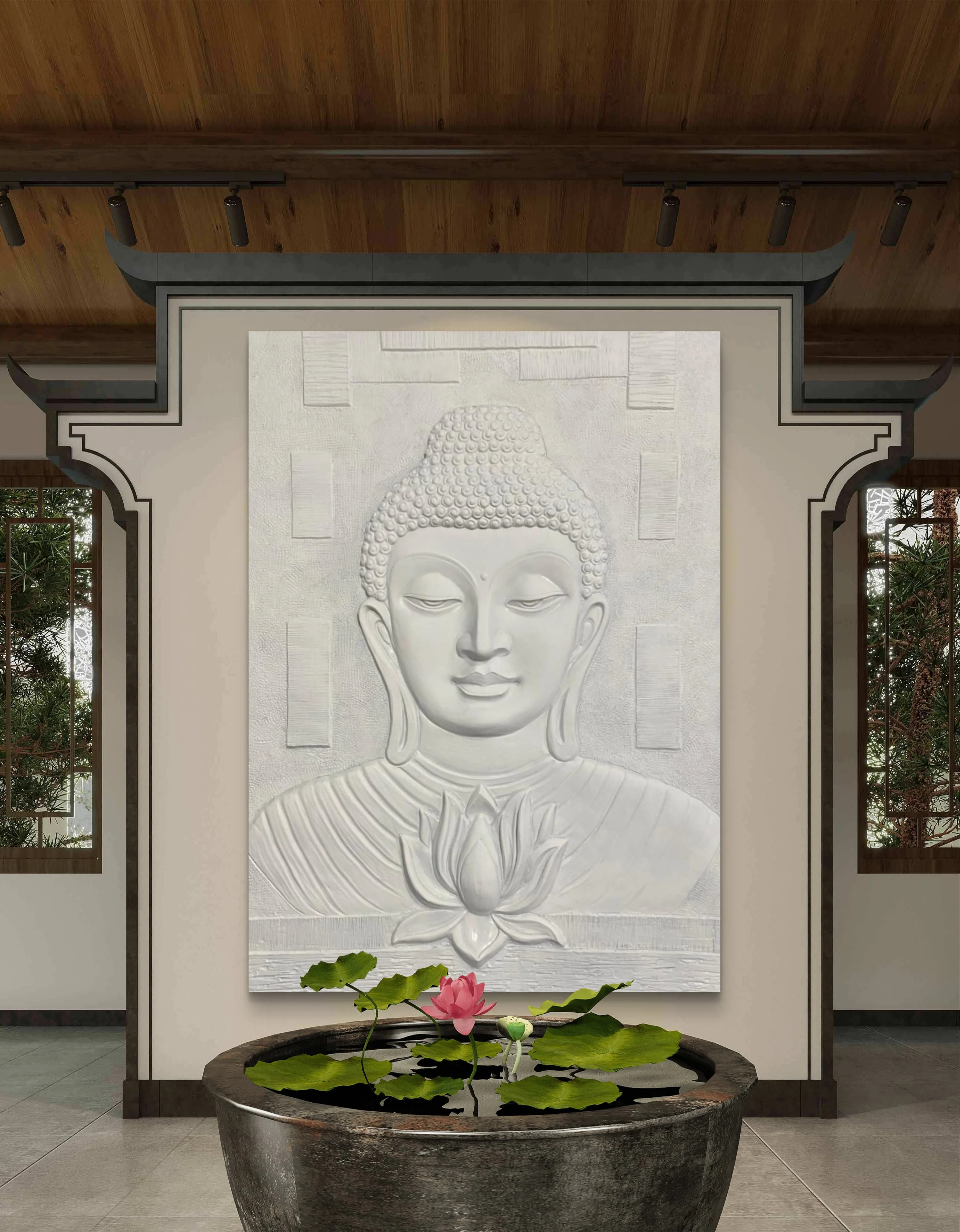 7x5 feet | Buddha with Lotus 3D Wall Mural | Handcrafted Relief Sculpture | Ready to Hang
