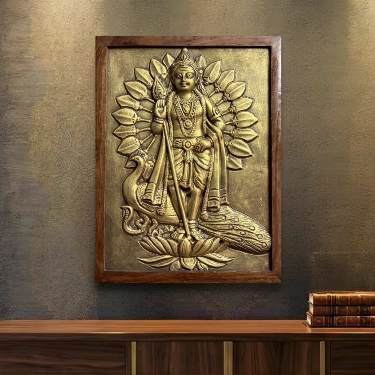 Lord Murugan 3D Relief Mural Wall Art – 20x15 Inch (Bronze & Golden)