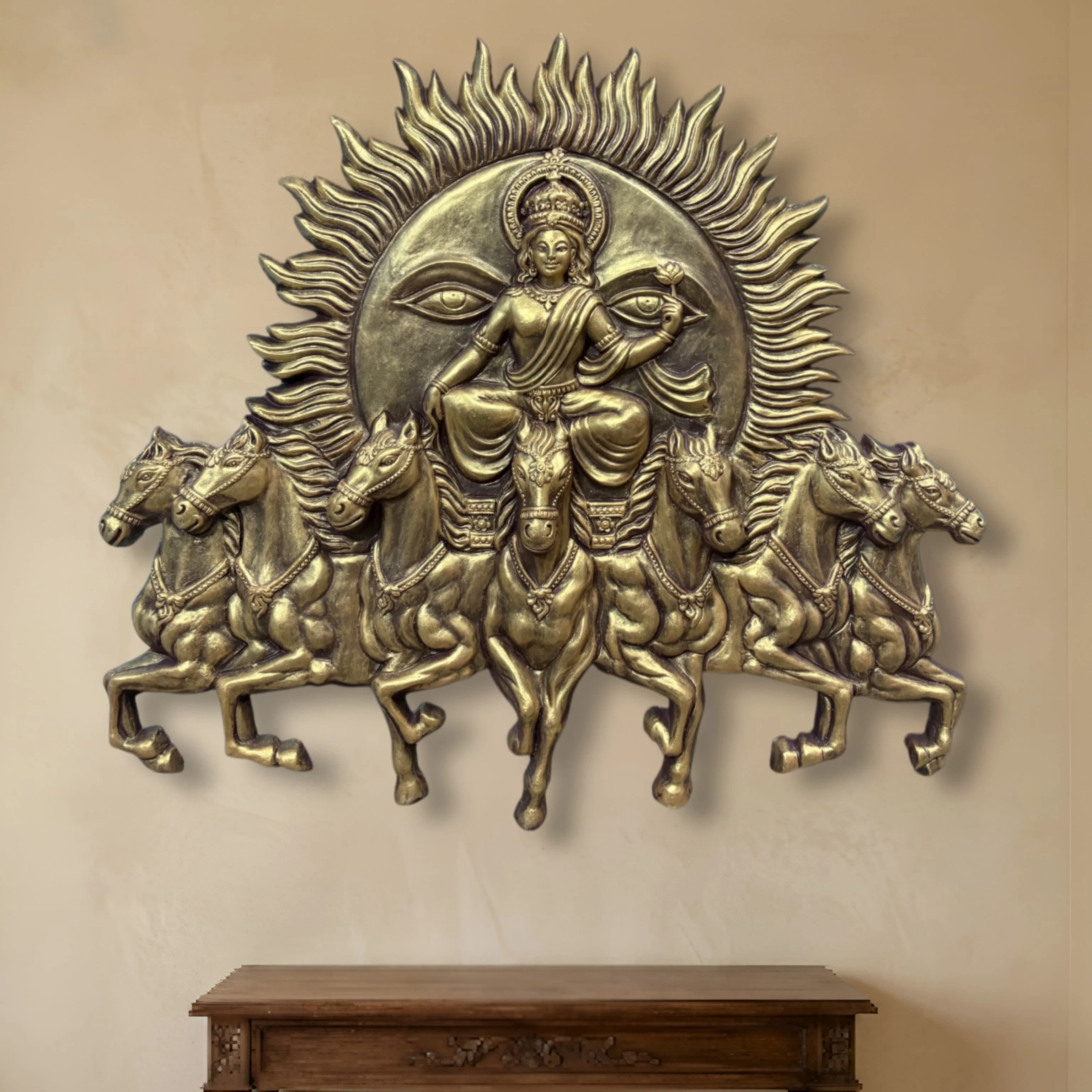 Lord Surya Narayana 3D Wall Art Sculpture (4 × 3.5 Feet) – Seven Horse Form