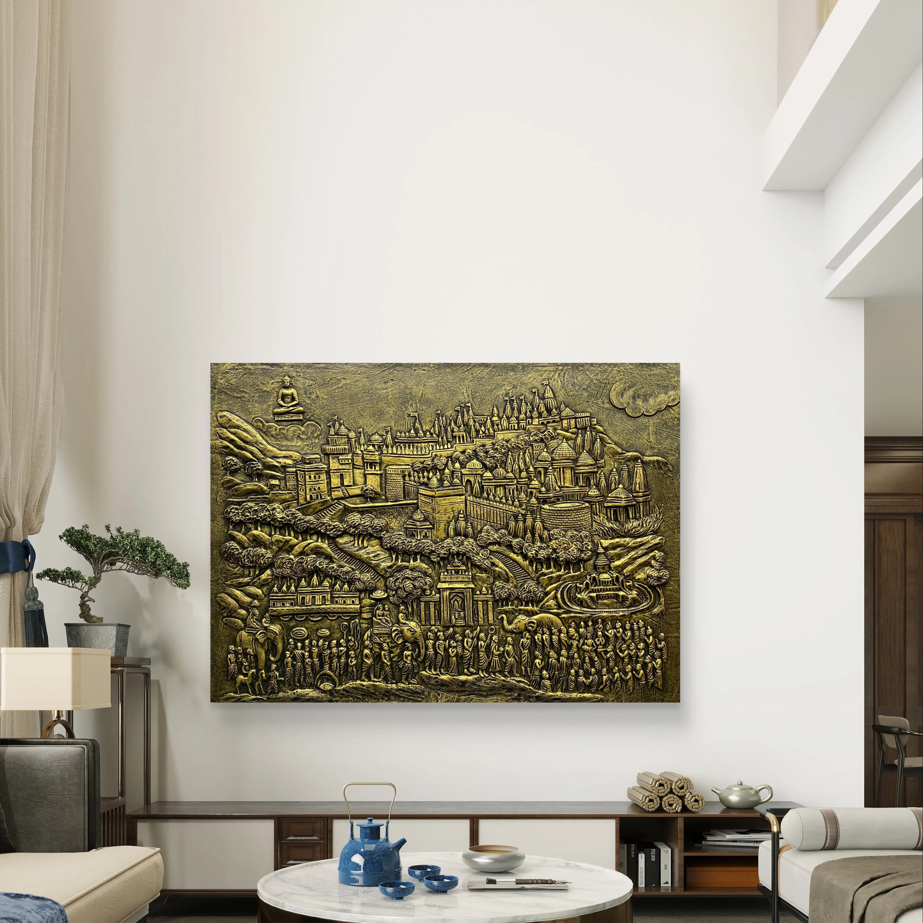 4x3 Feet | Palitana Jain Tirth Temples 3D Relief Wall Mural | Available in Golden, Bronze & White | - Image 3