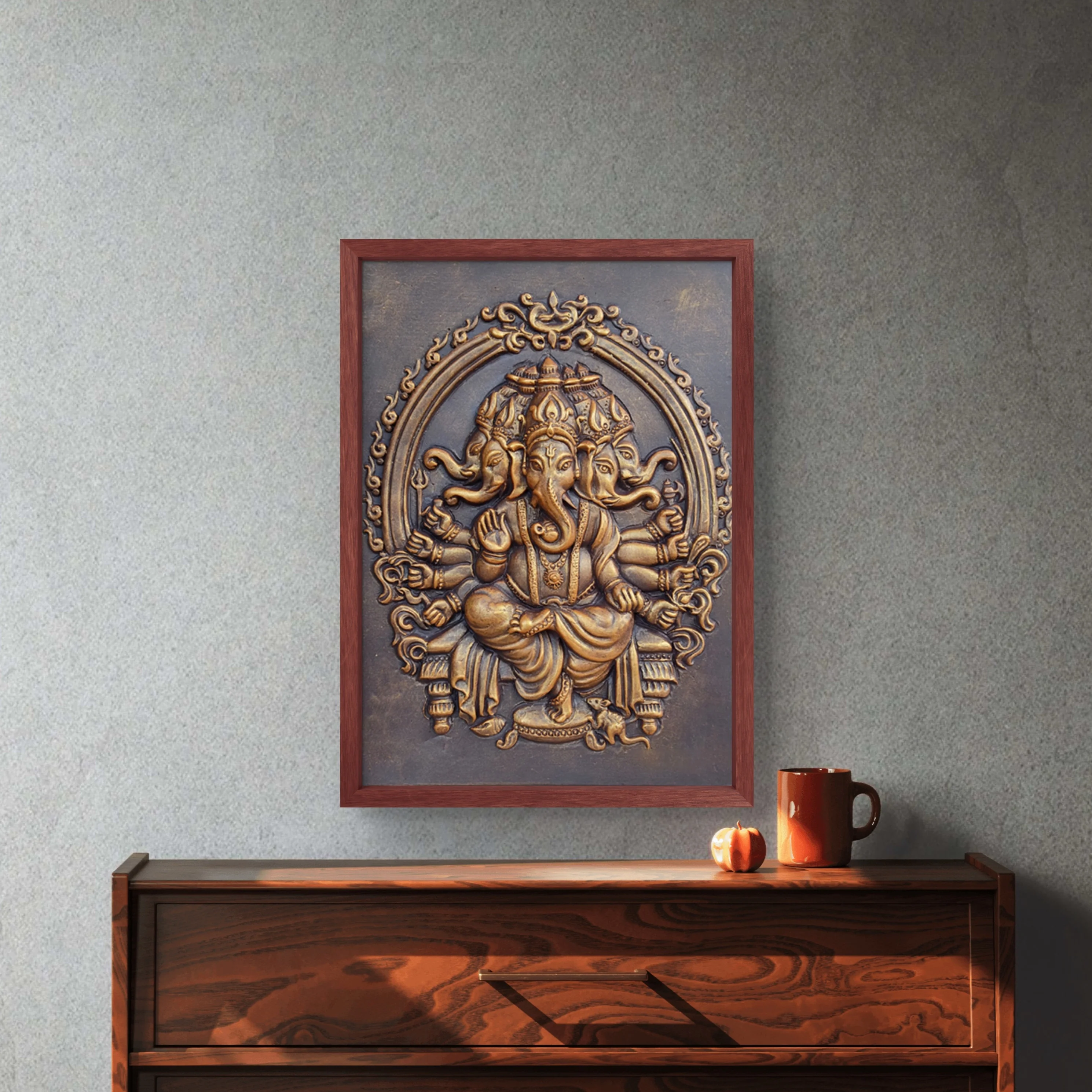 Panchmukhi Ganesha 3D Wall Mural | Handcrafted Relief Sculpture for Home Decor