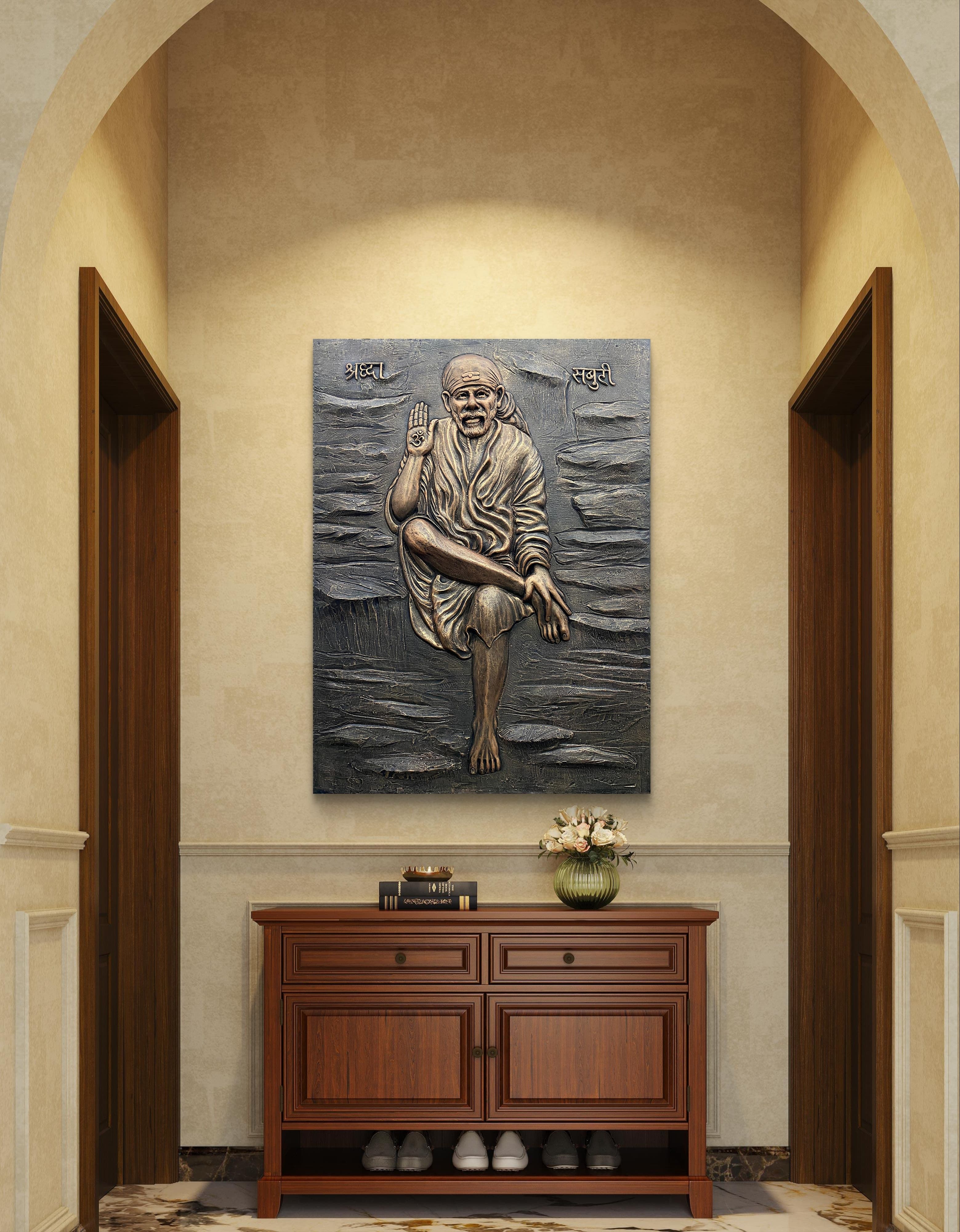 Sai Baba 3D Mural Wall Art – 4x3 Feet | Available in Bronze, Golden & White | High-Relief Spiritual Décor - Image 2