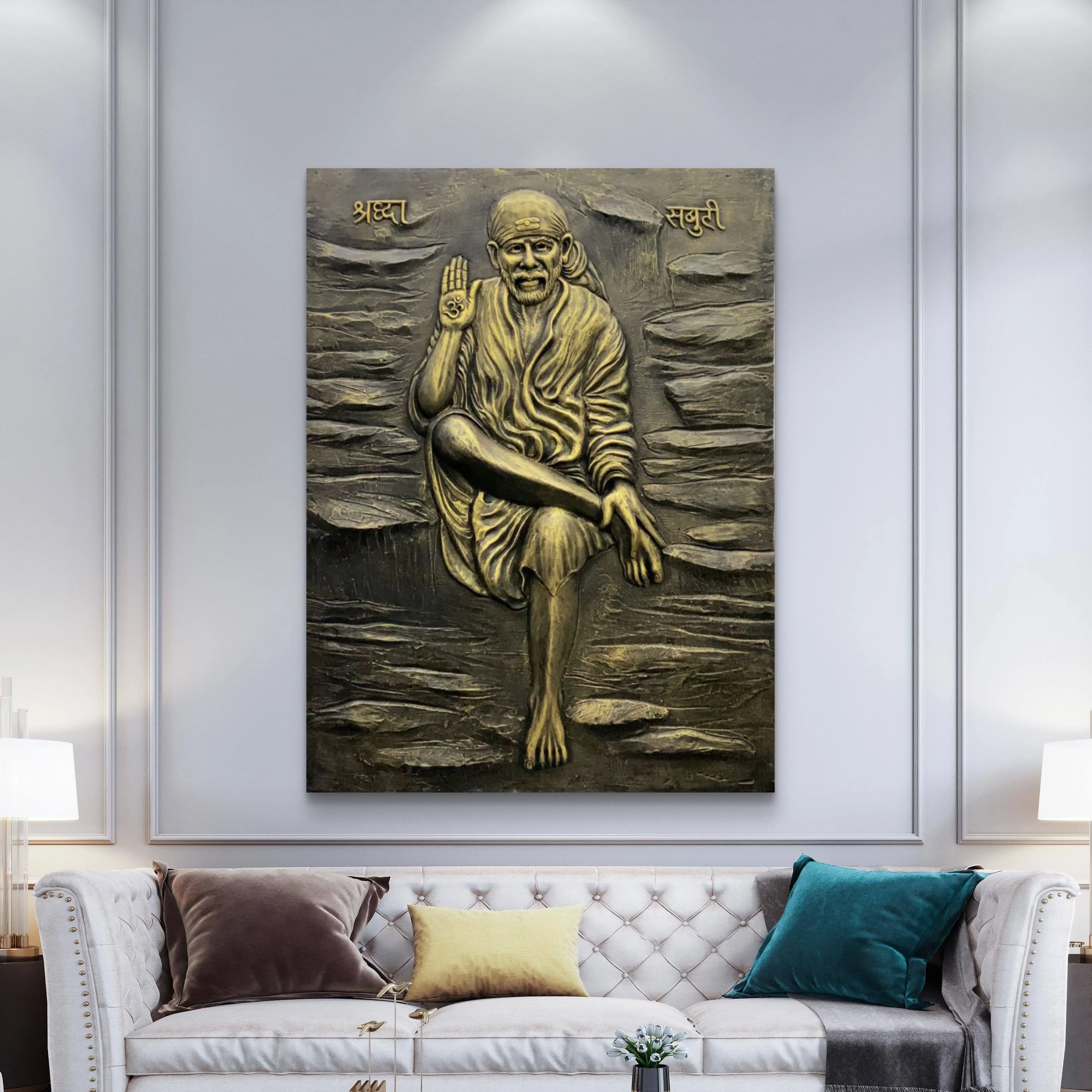 Sai Baba 3D Mural Wall Art – 4x3 Feet | Available in Bronze, Golden & White | High-Relief Spiritual Décor - Image 4