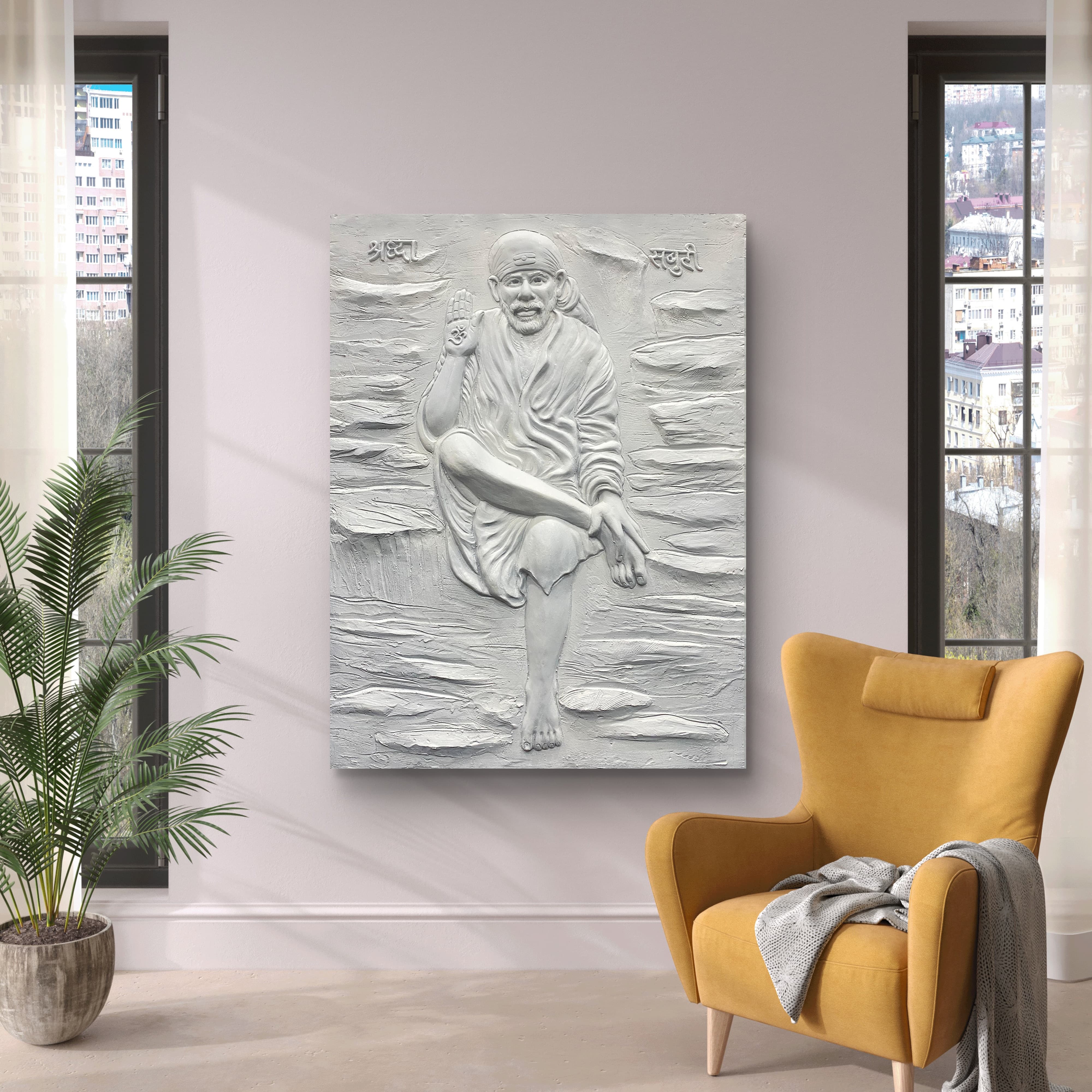 Sai Baba 3D Mural Wall Art – 4x3 Feet | Available in Bronze, Golden & White | High-Relief Spiritual Décor - Image 5