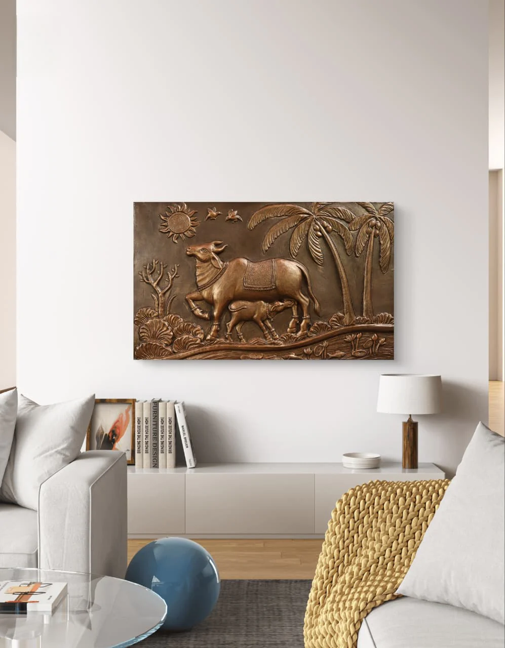 Kamdhenu Cow 3D Relief Wall Mural | 30x48 inch | Ready-to-Hang Vastu Cow Wall Art for Home & Office - Image 3