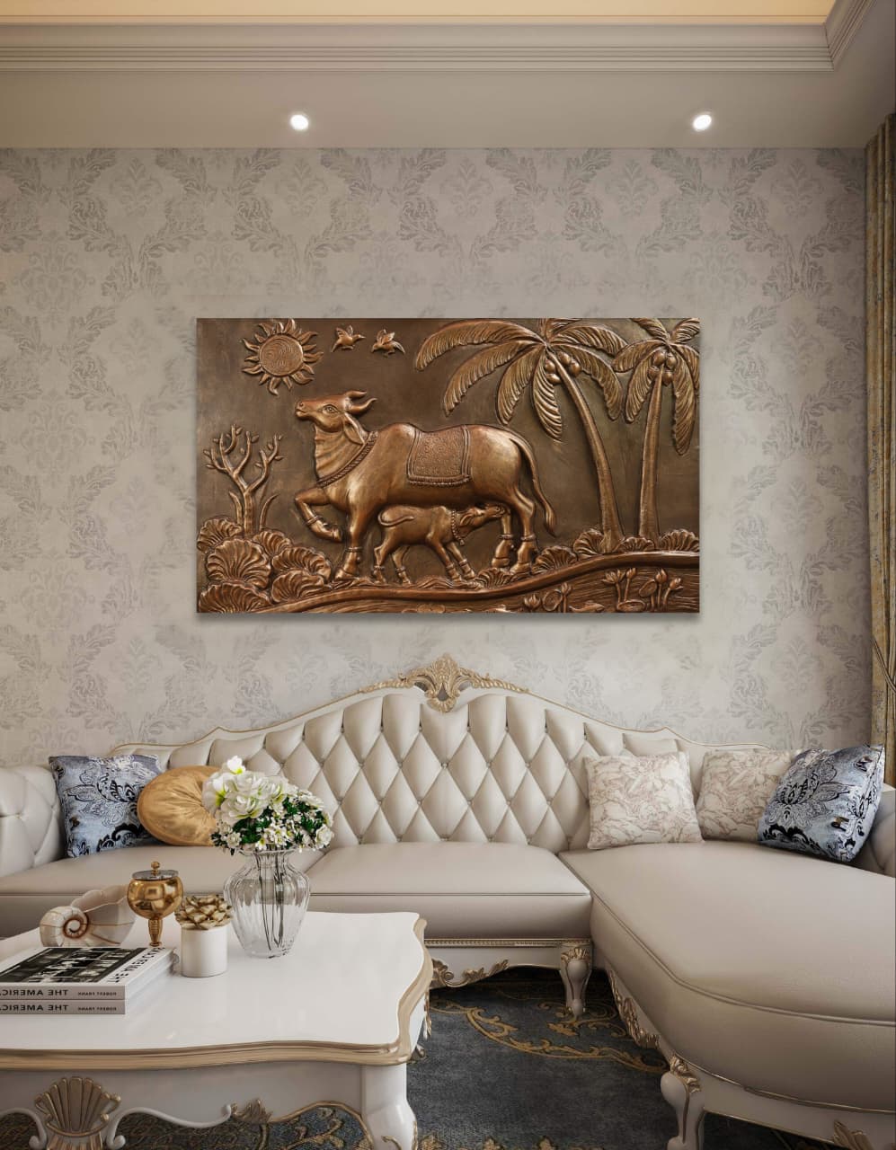 Kamdhenu Cow 3D Relief Wall Mural | 30x48 inch | Ready-to-Hang Vastu Cow Wall Art for Home & Office - Image 4