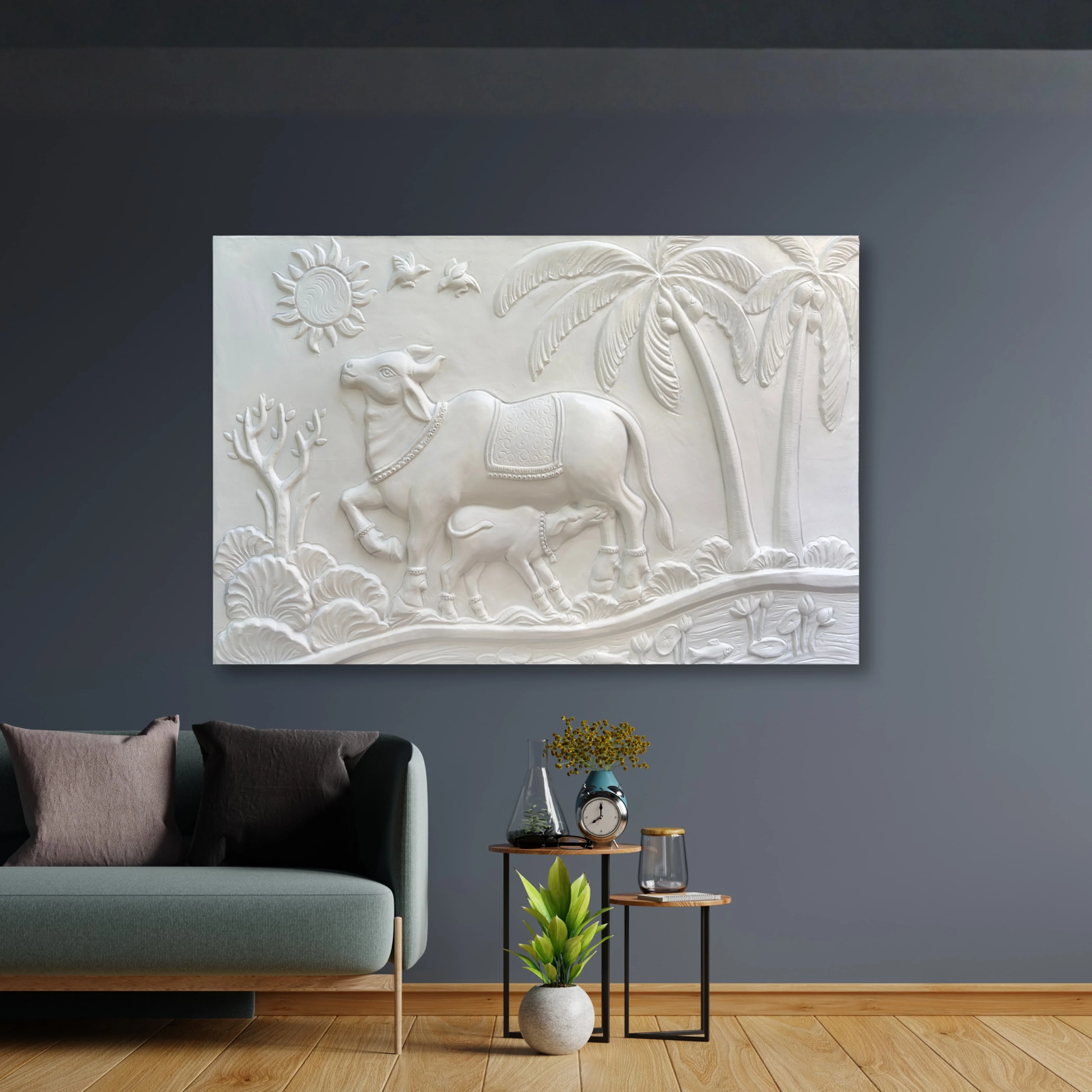 Kamdhenu Cow 3D Relief Wall Mural | 30x48 inch | Ready-to-Hang Vastu Cow Wall Art for Home & Office - Image 5